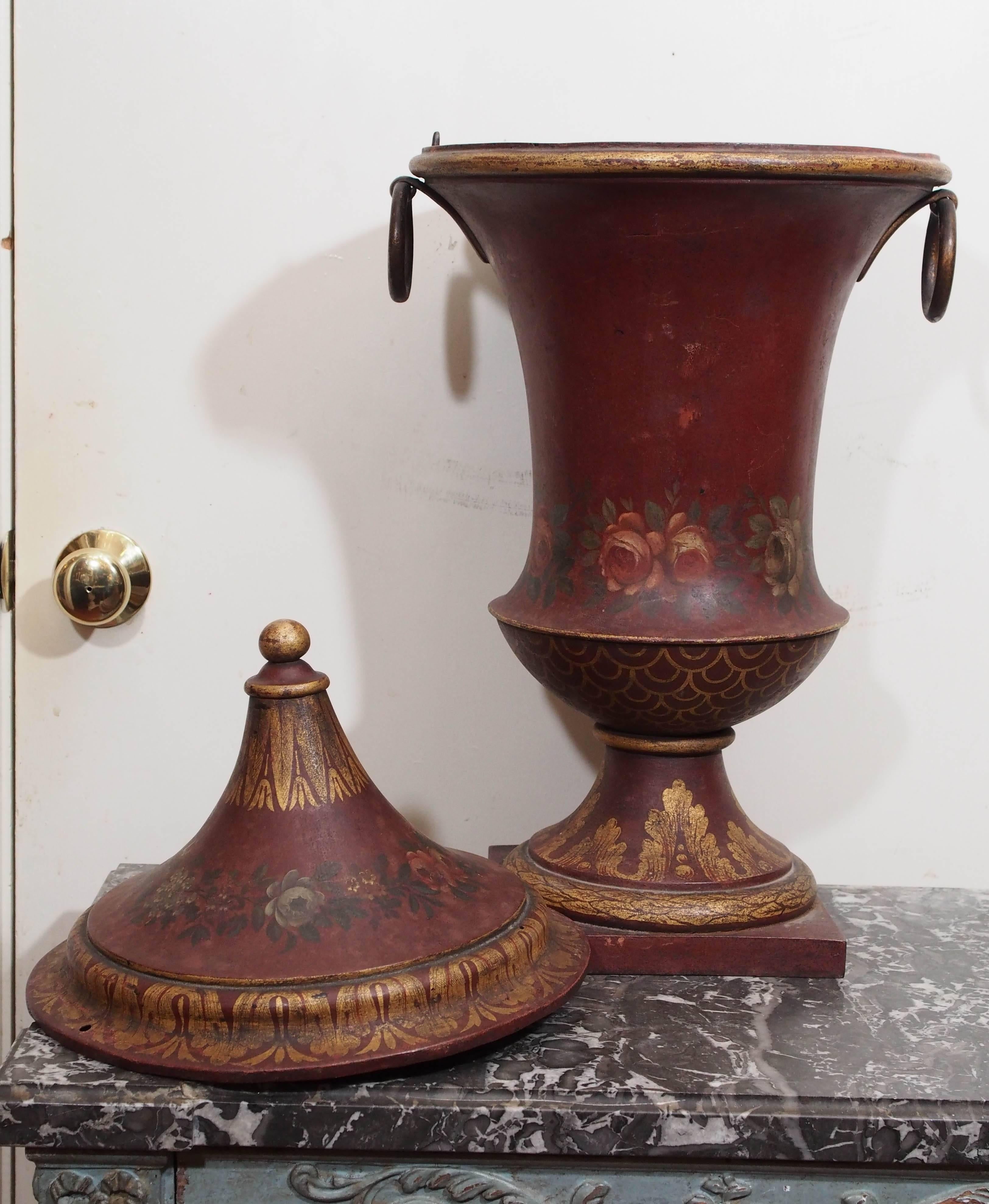 19th Century French Painted Tole Covered Urn For Sale