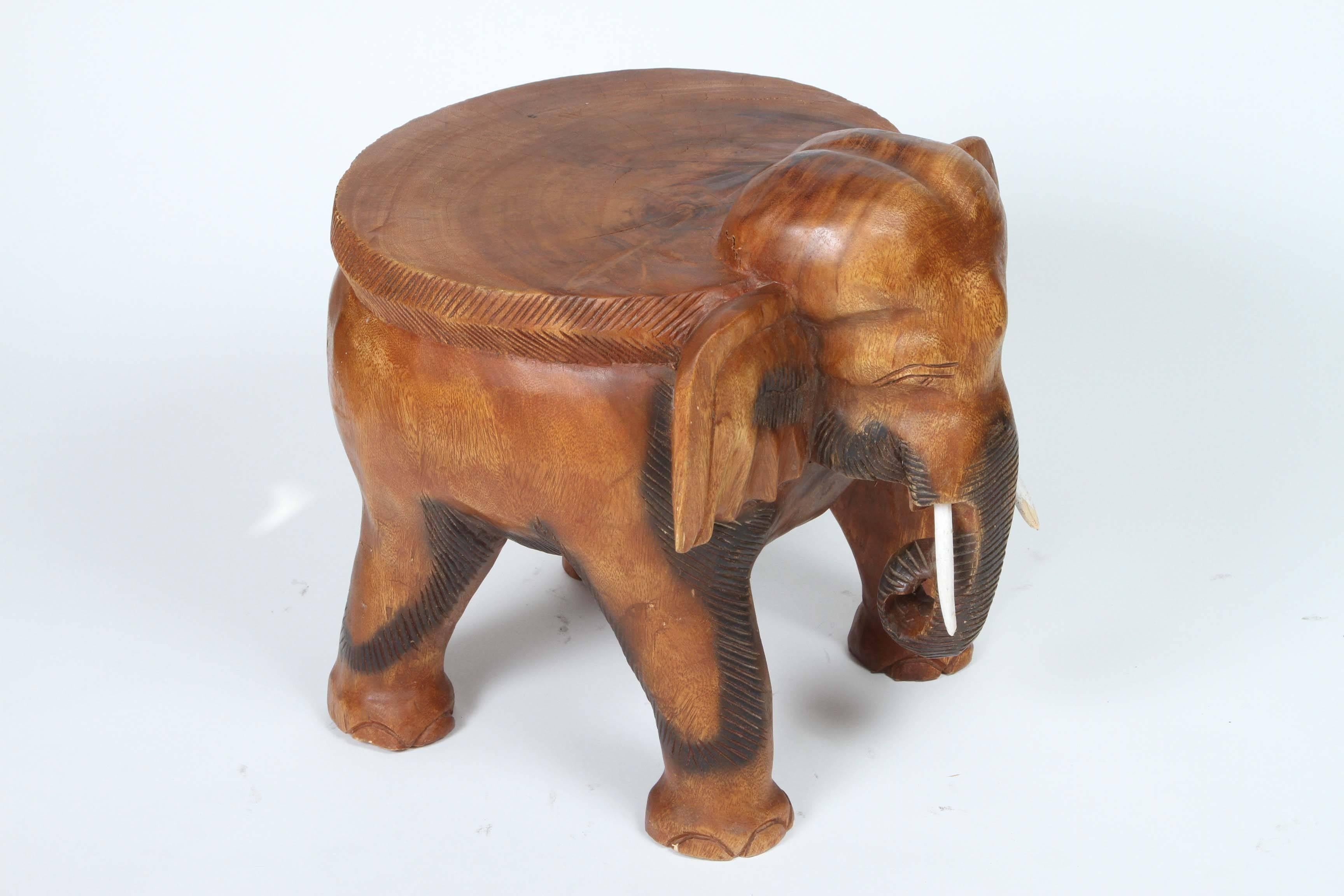 Pair of Vintage Carved Wood Elephant Stools 1