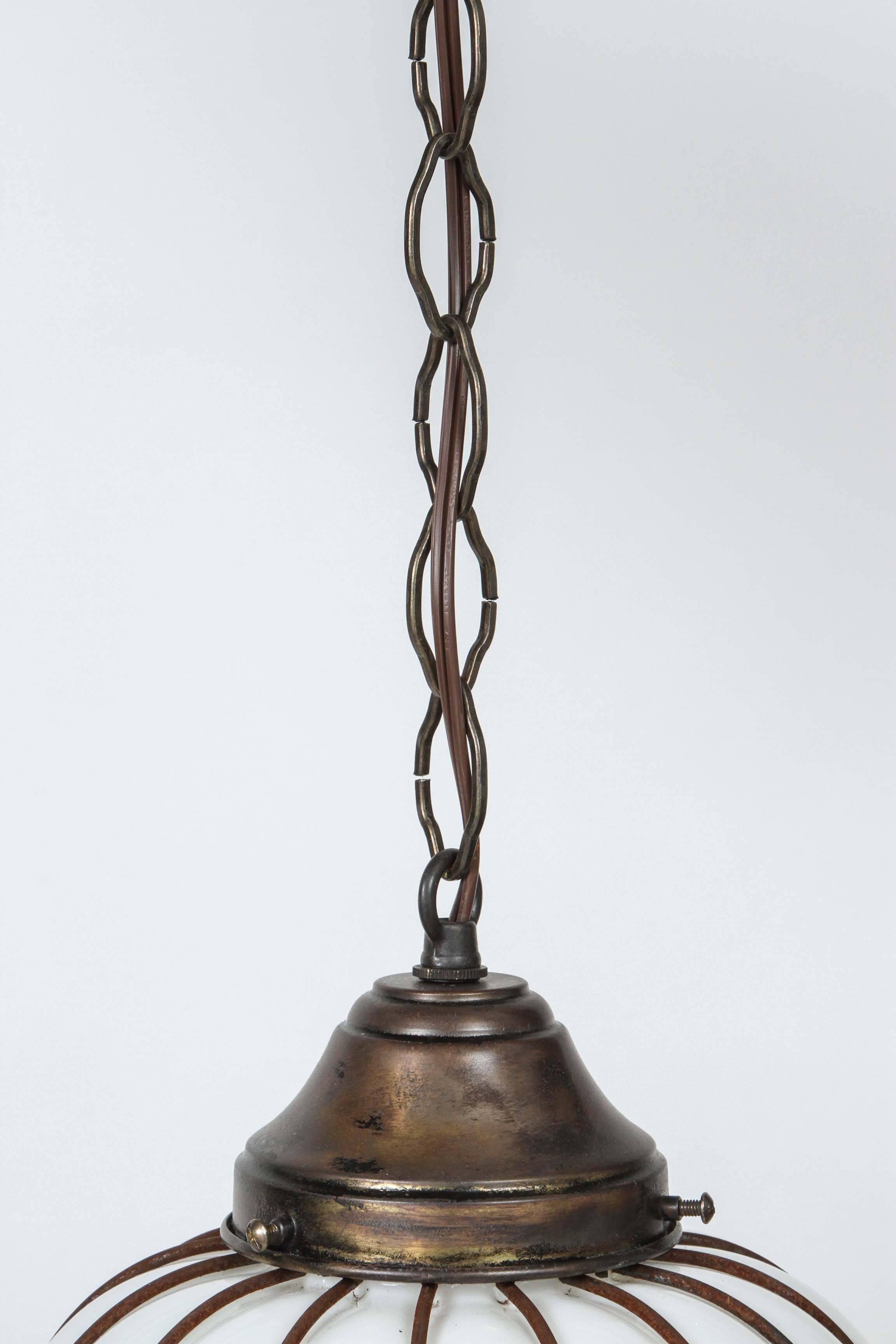 Art Deco Caged Milk Glass and Iron Pendant Light In Excellent Condition In Pasadena, CA
