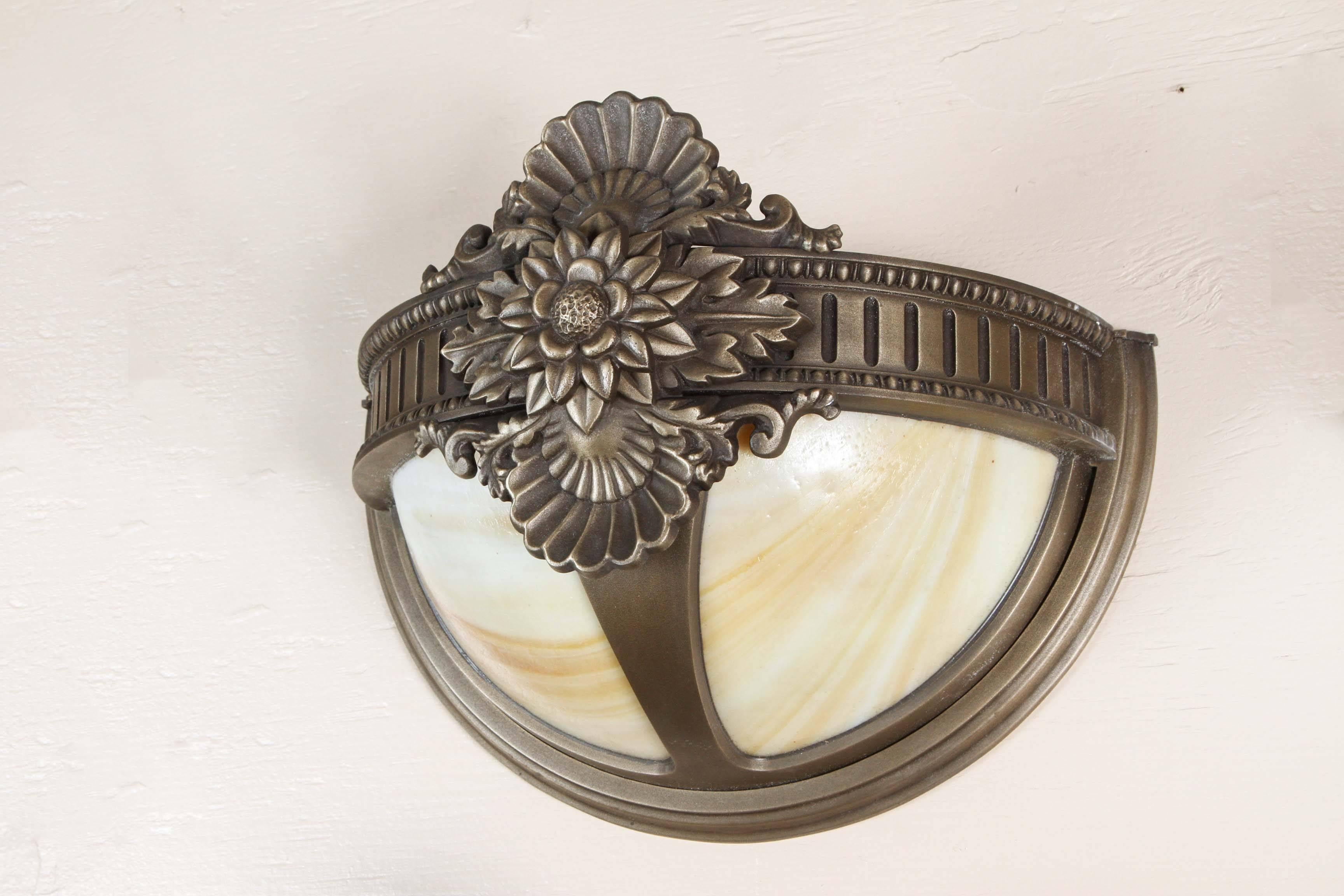 Bronze Wall Sconce with Slag Glass in a Floral Design In Excellent Condition In Los Angeles, CA