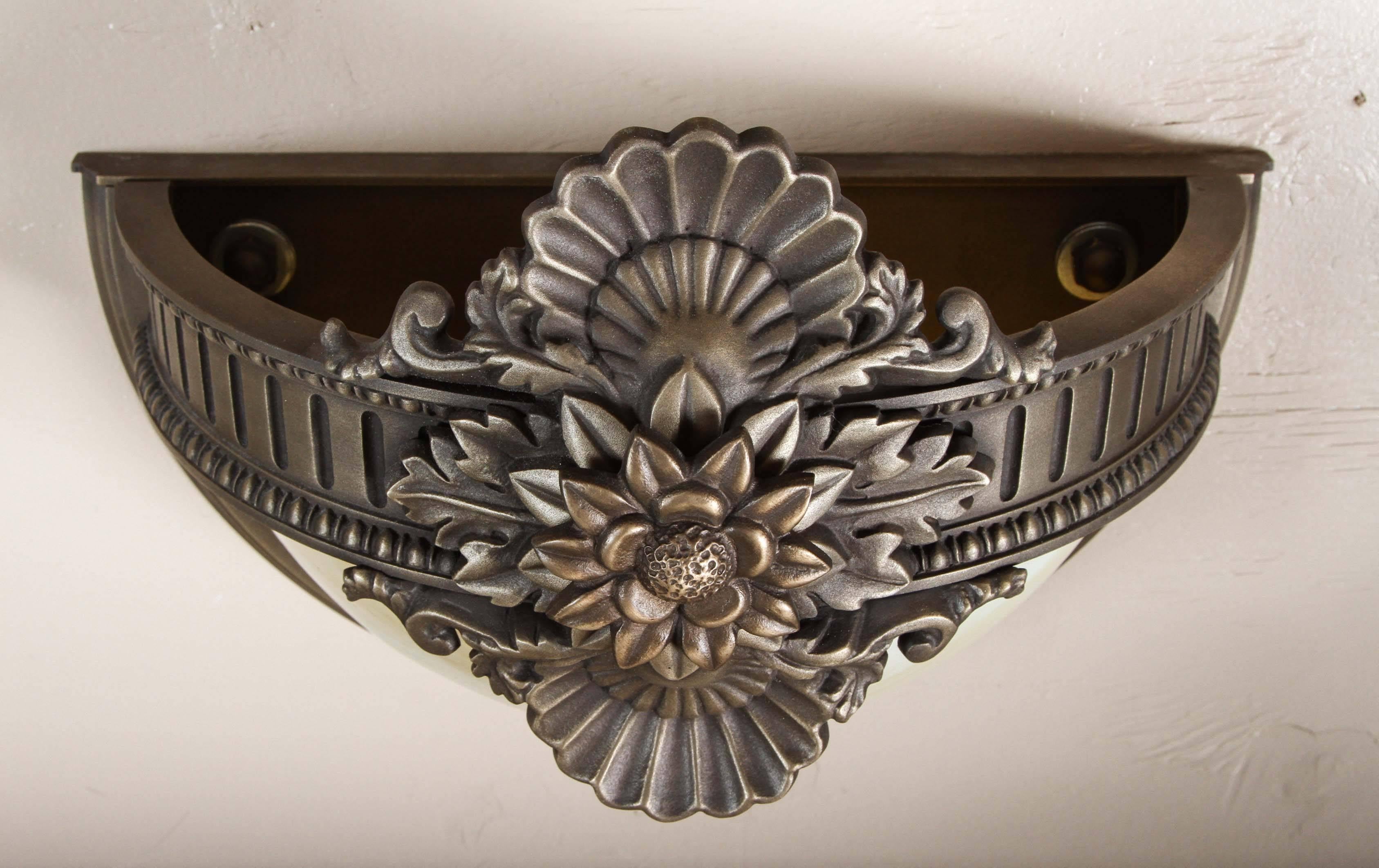 Late 20th Century Bronze Wall Sconce with Slag Glass in a Floral Design