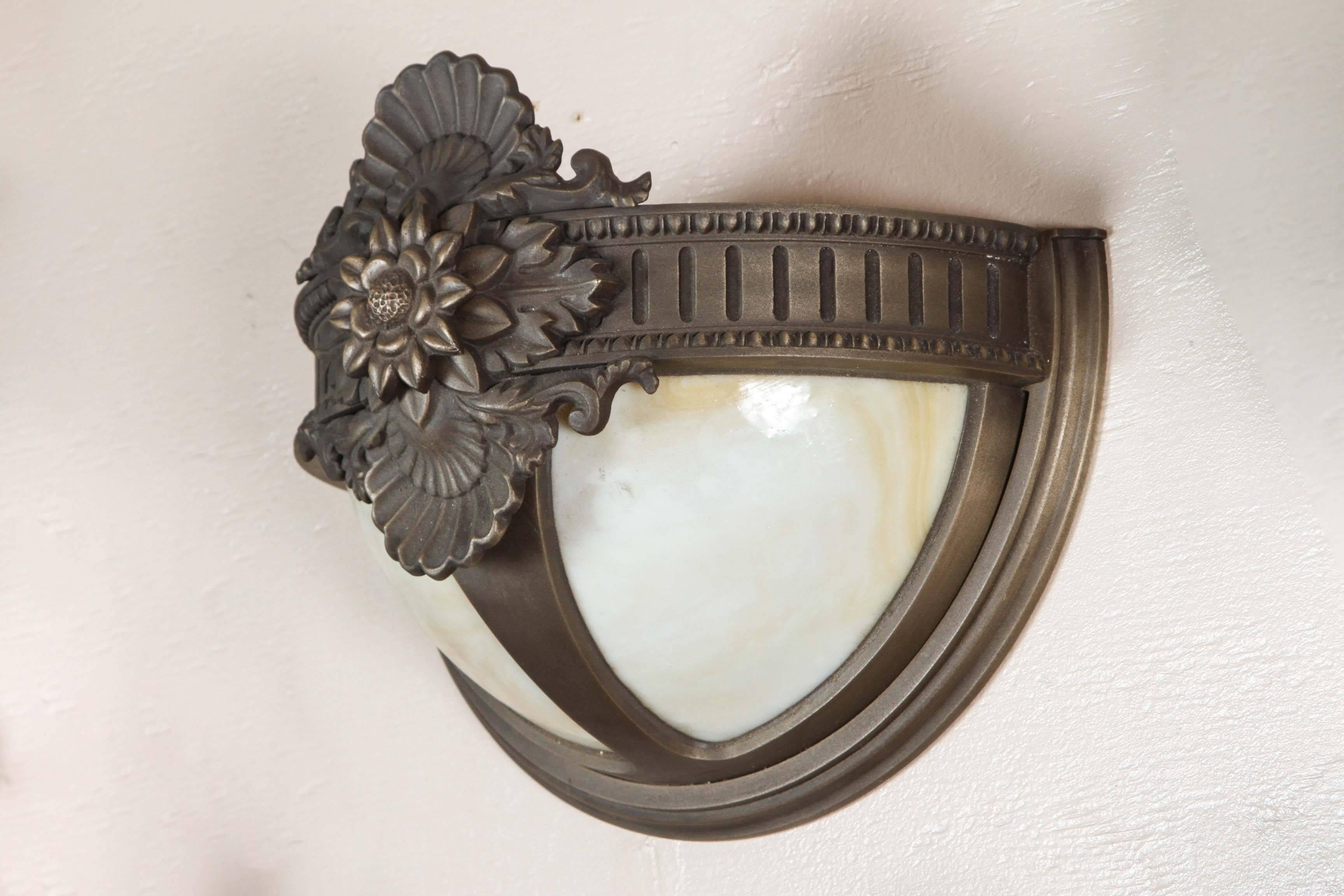 Bronze Wall Sconce with Slag Glass in a Floral Design 1