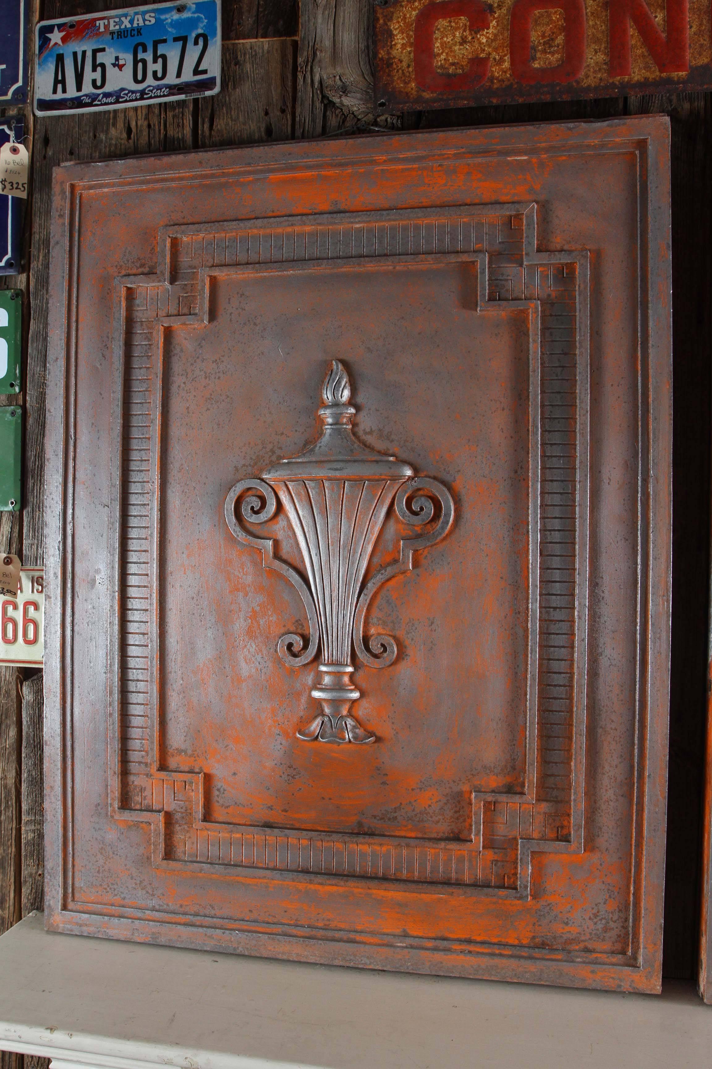 1930s cast aluminium panel with an urn motif. Salvaged from a building in Manhattan. Several available at time of listing. Priced each. This can be seen at our 1800 South Grand Ave location in Downtown Los Angeles.