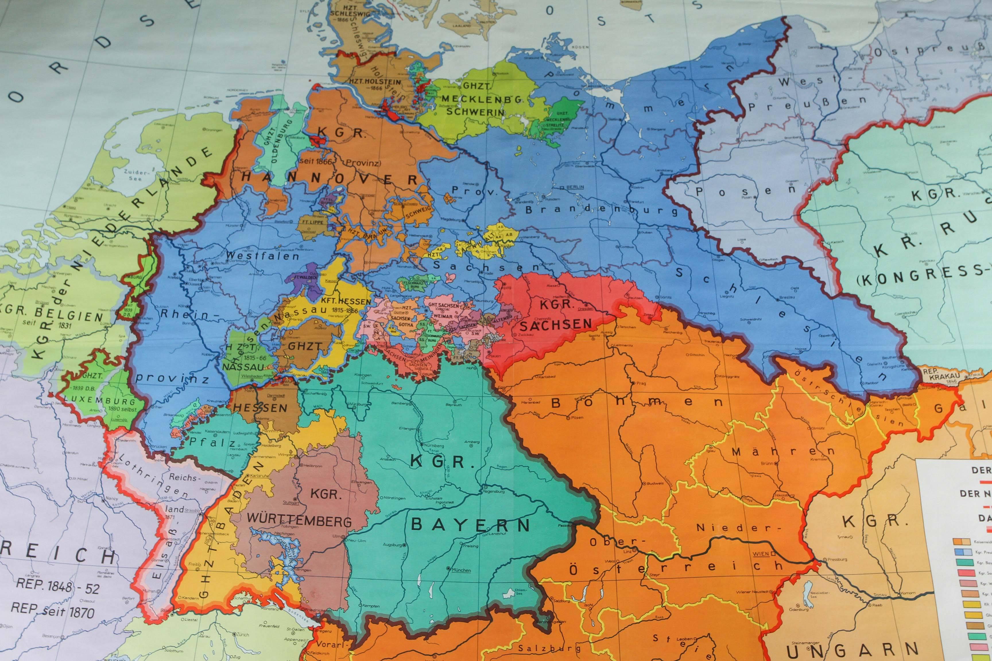This historical map shows the various German states spanning the years from 1815-1918. It is written in the German language and published in Germany. It also was apparently marketed through Denoyer-Geppert. Measurements were taken with the map