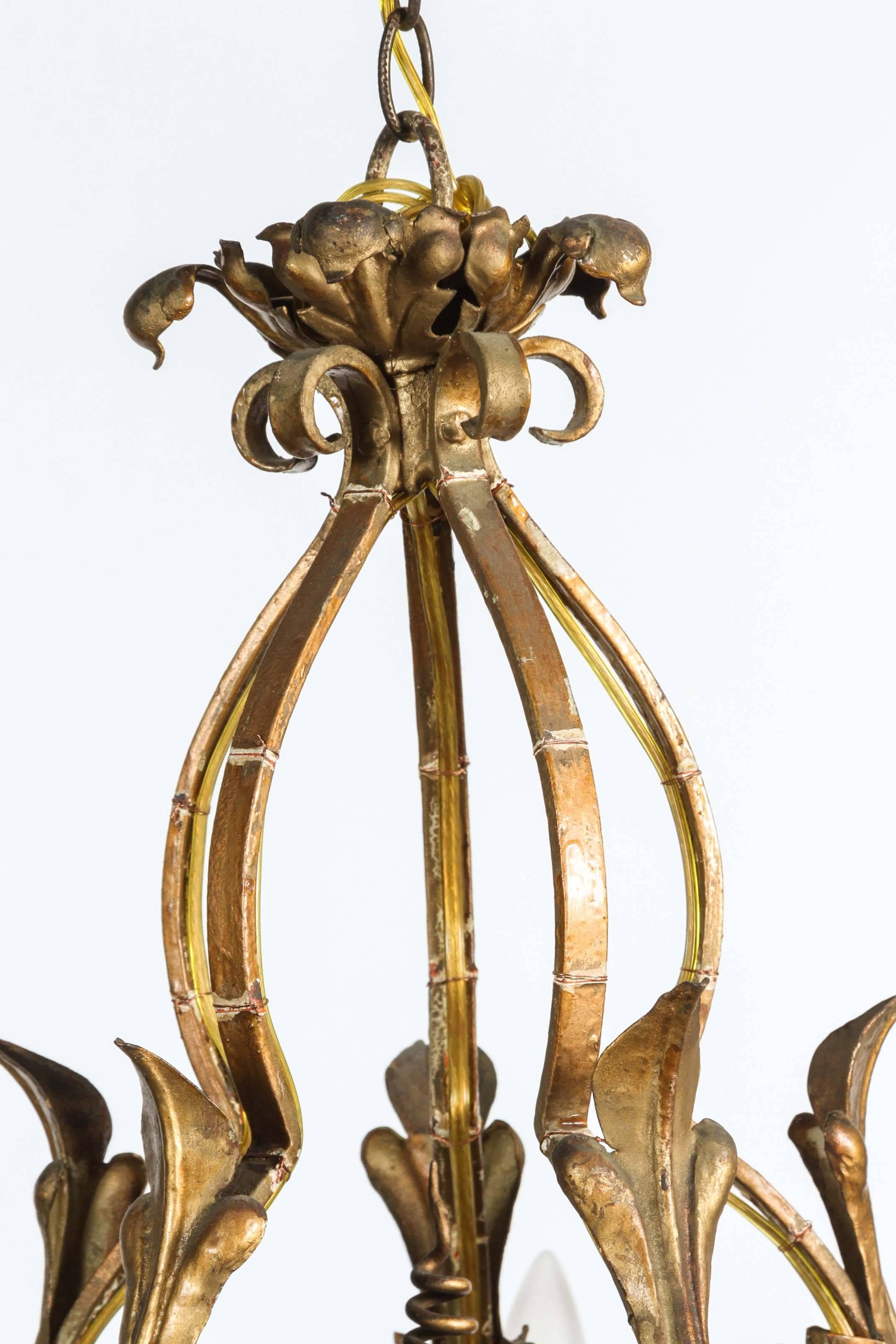 American 1940s Five-Light Gold Painted Wrought Iron Chandelier with Decorative Leaves