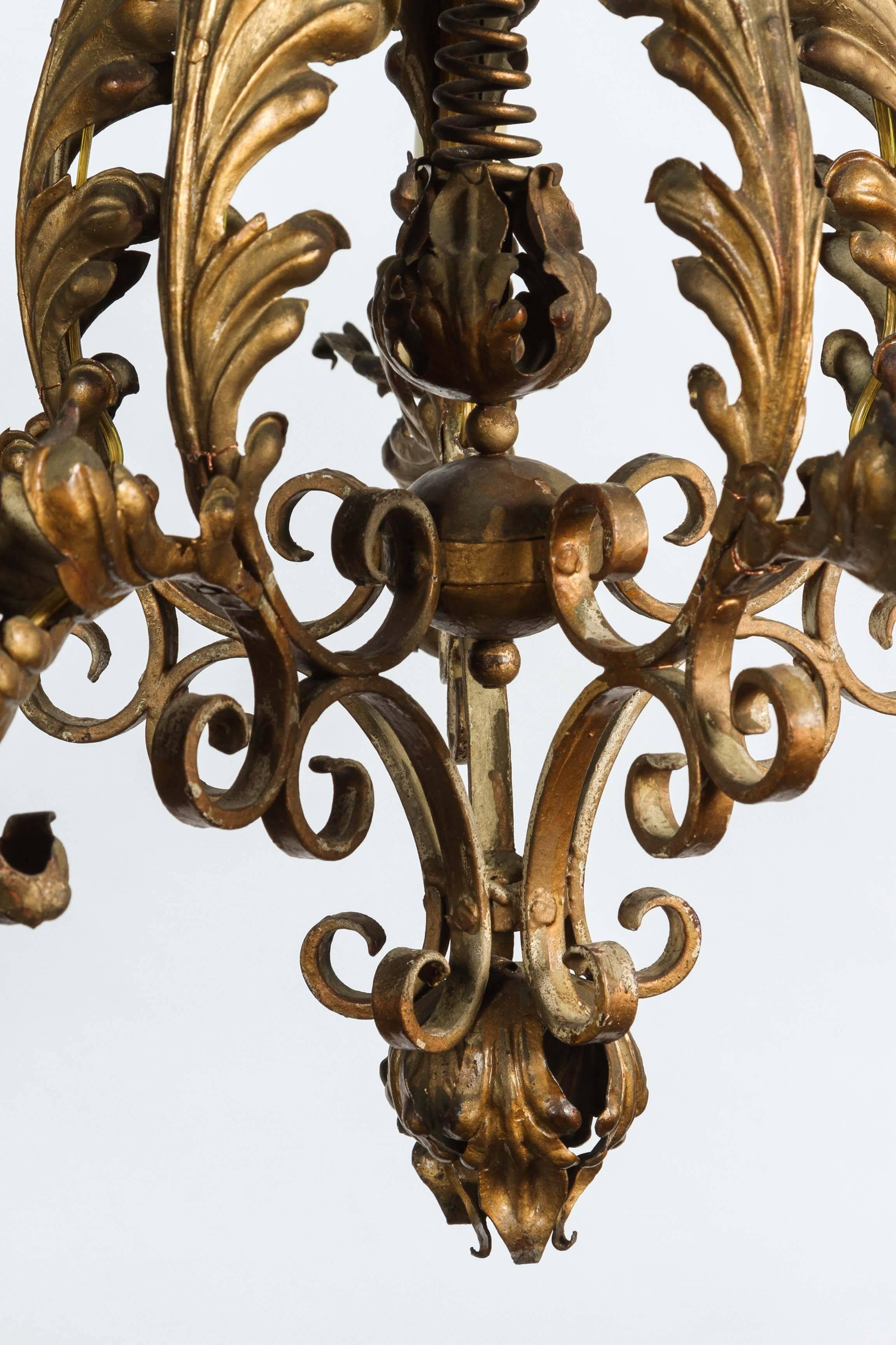 Mid-20th Century 1940s Five-Light Gold Painted Wrought Iron Chandelier with Decorative Leaves