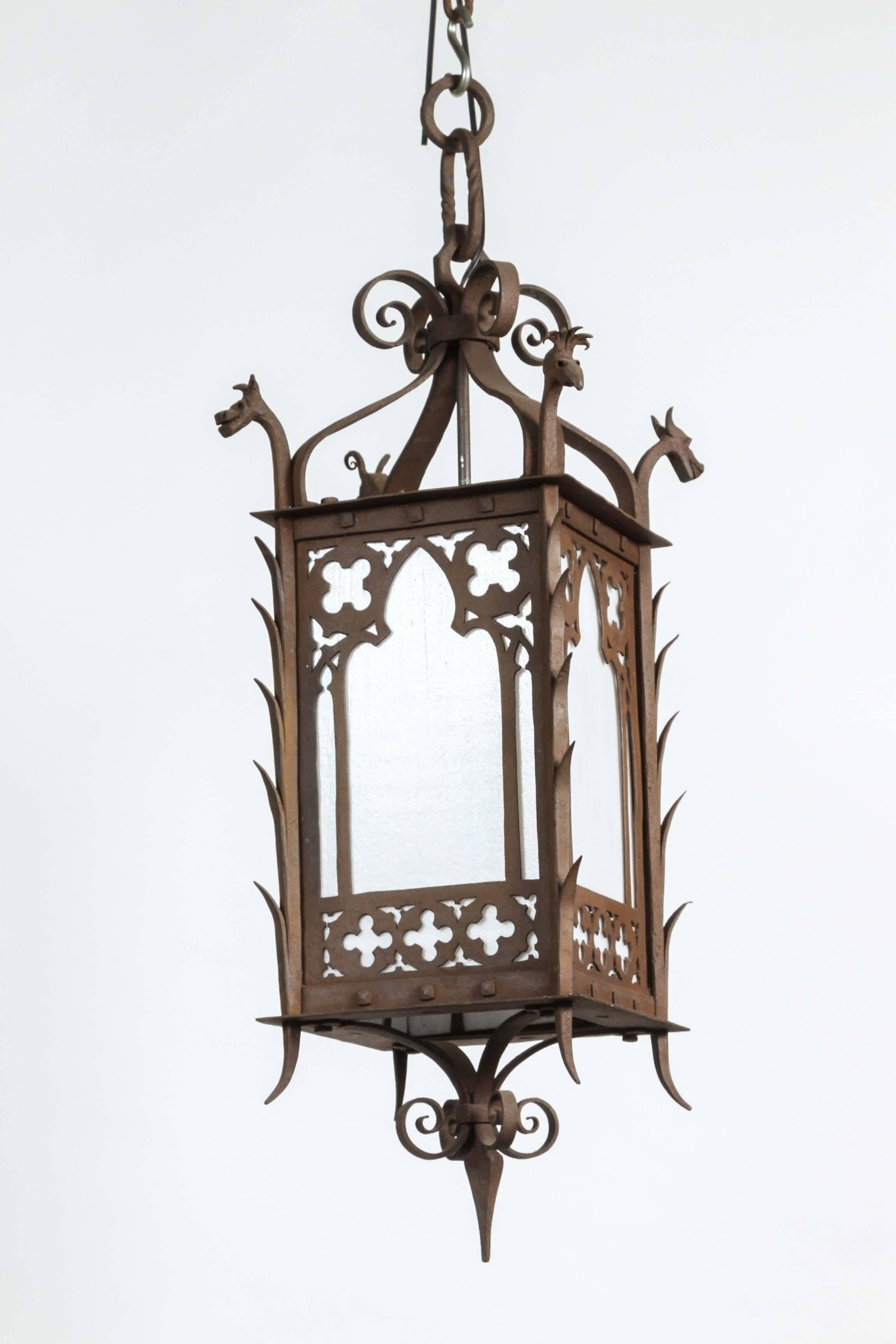 1920s hand-wrought Gothic lantern with four dragon heads with milk glass panels. This can be seen at our 1800 South Grand Ave location in Downtown Los Angeles.
