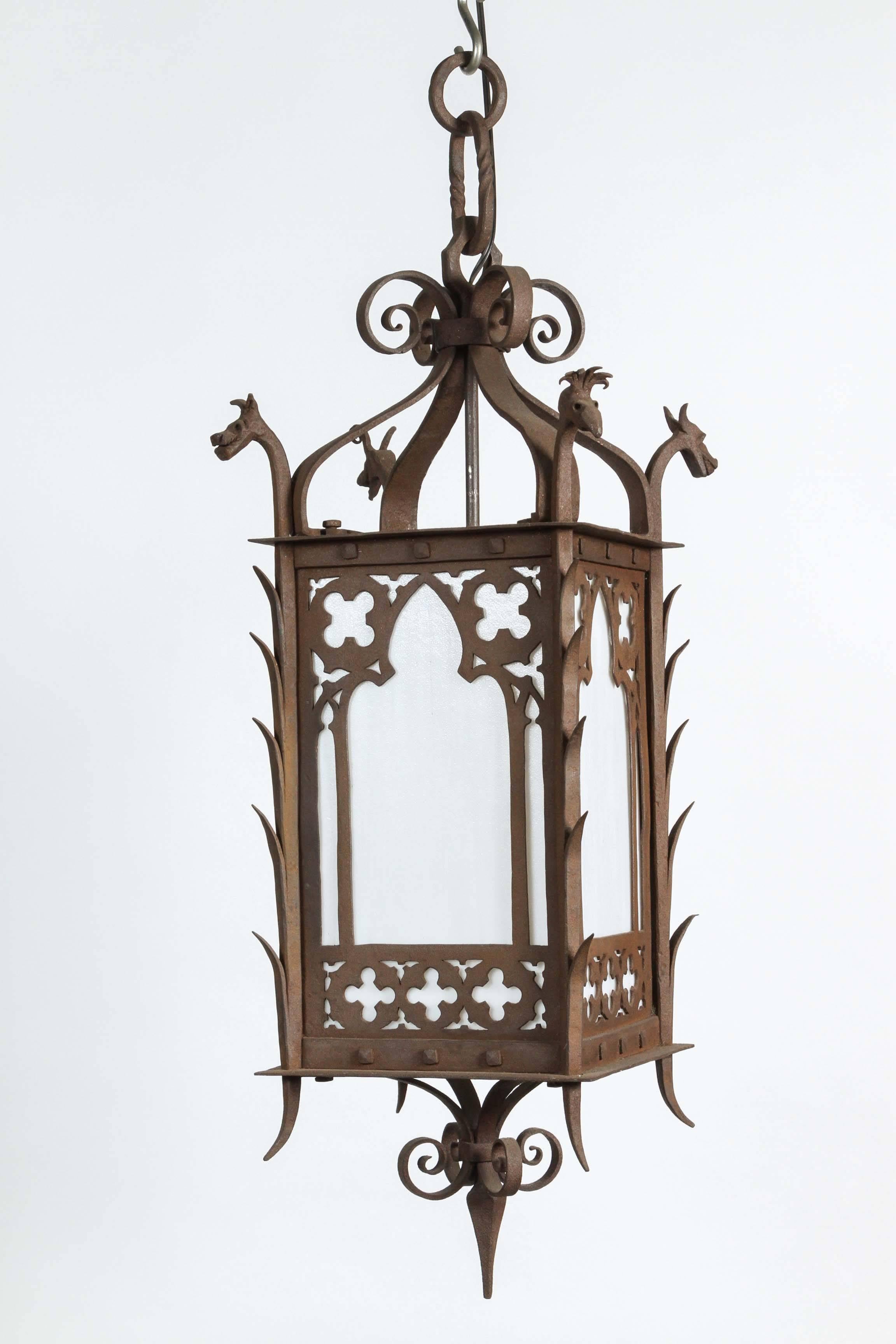 Early 20th Century 1920s Hand-Wrought Gothic Lantern with Four Dragon Heads with Milk Glass Panels