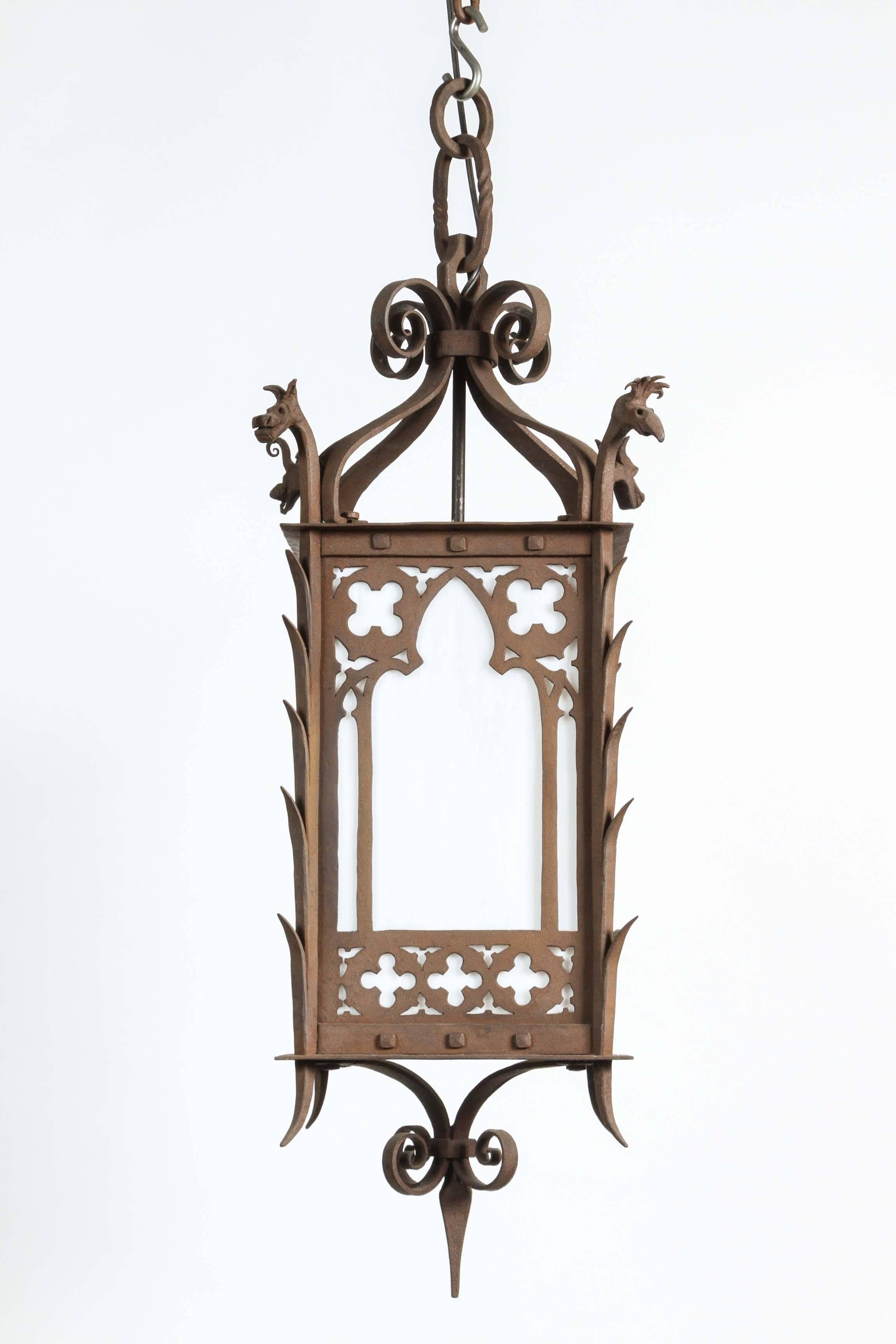 Iron 1920s Hand-Wrought Gothic Lantern with Four Dragon Heads with Milk Glass Panels