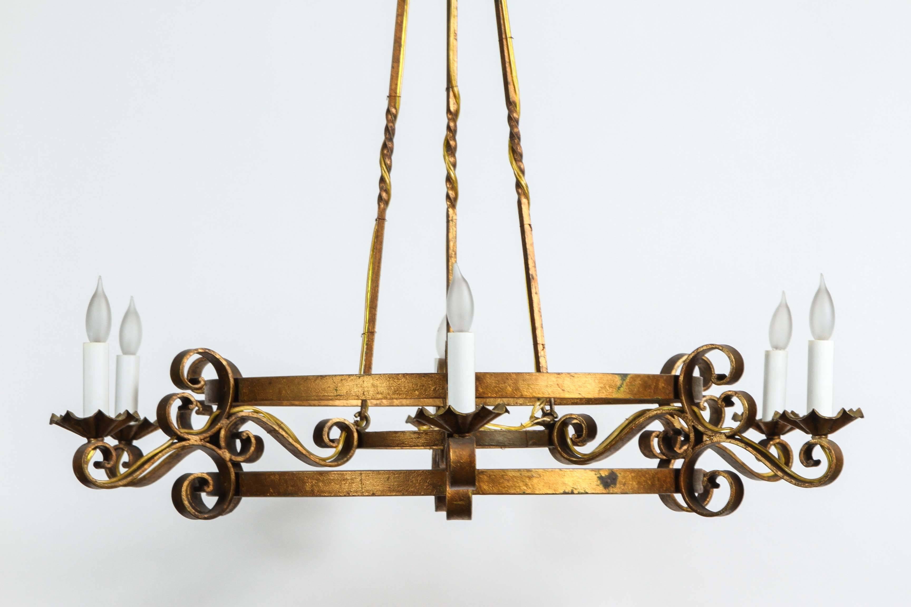 Painted 1970s Six-Light French Gold Finish Wrought Iron Chandelier