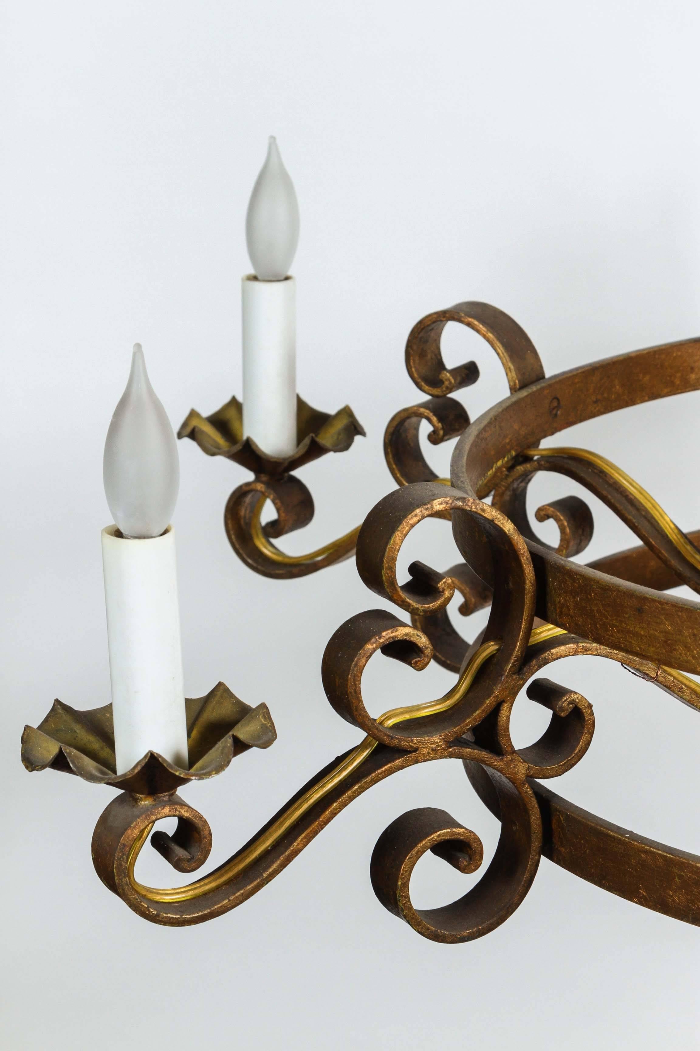 1970s Six-Light French Gold Finish Wrought Iron Chandelier 1