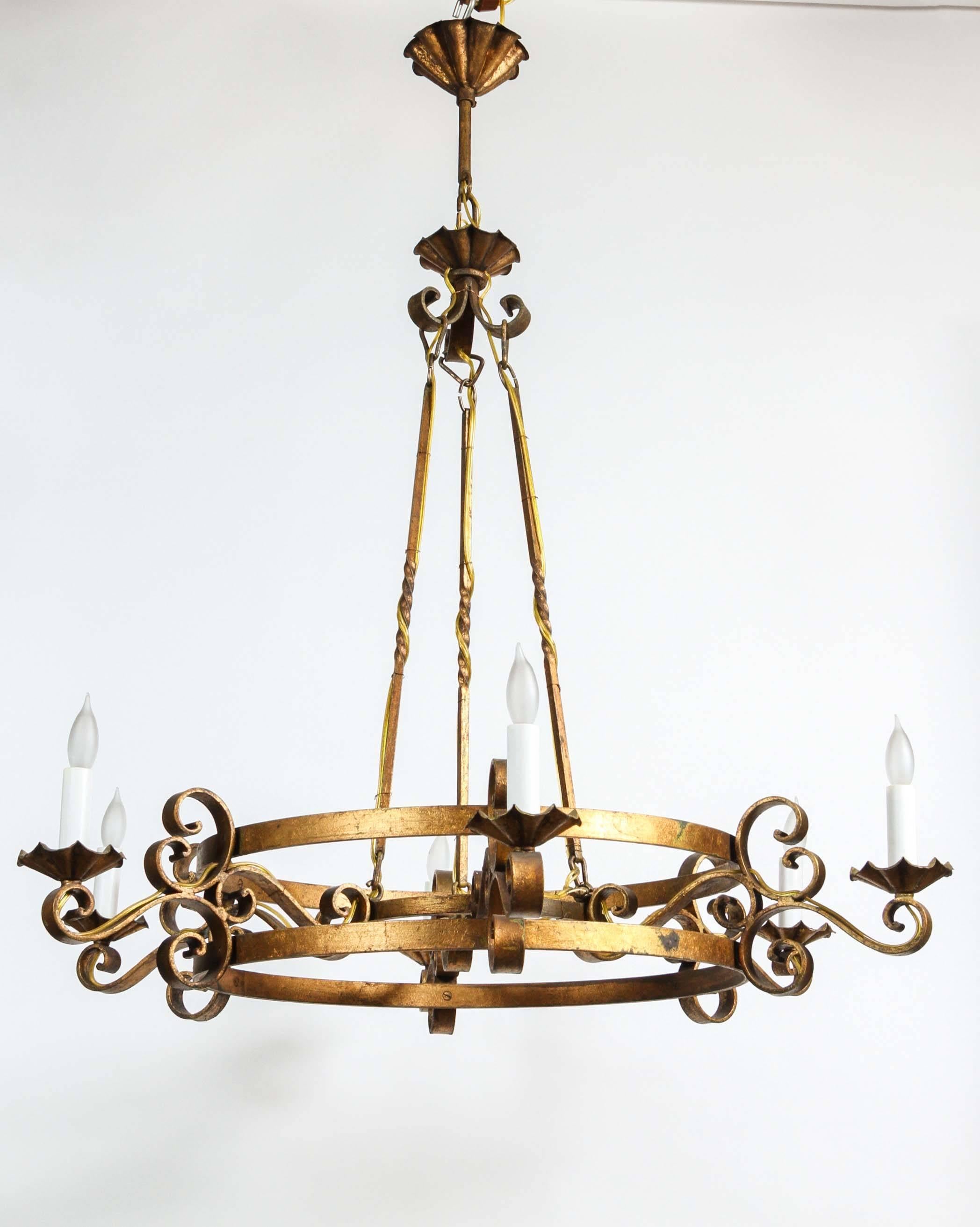 1970s Six-Light French Gold Finish Wrought Iron Chandelier 4