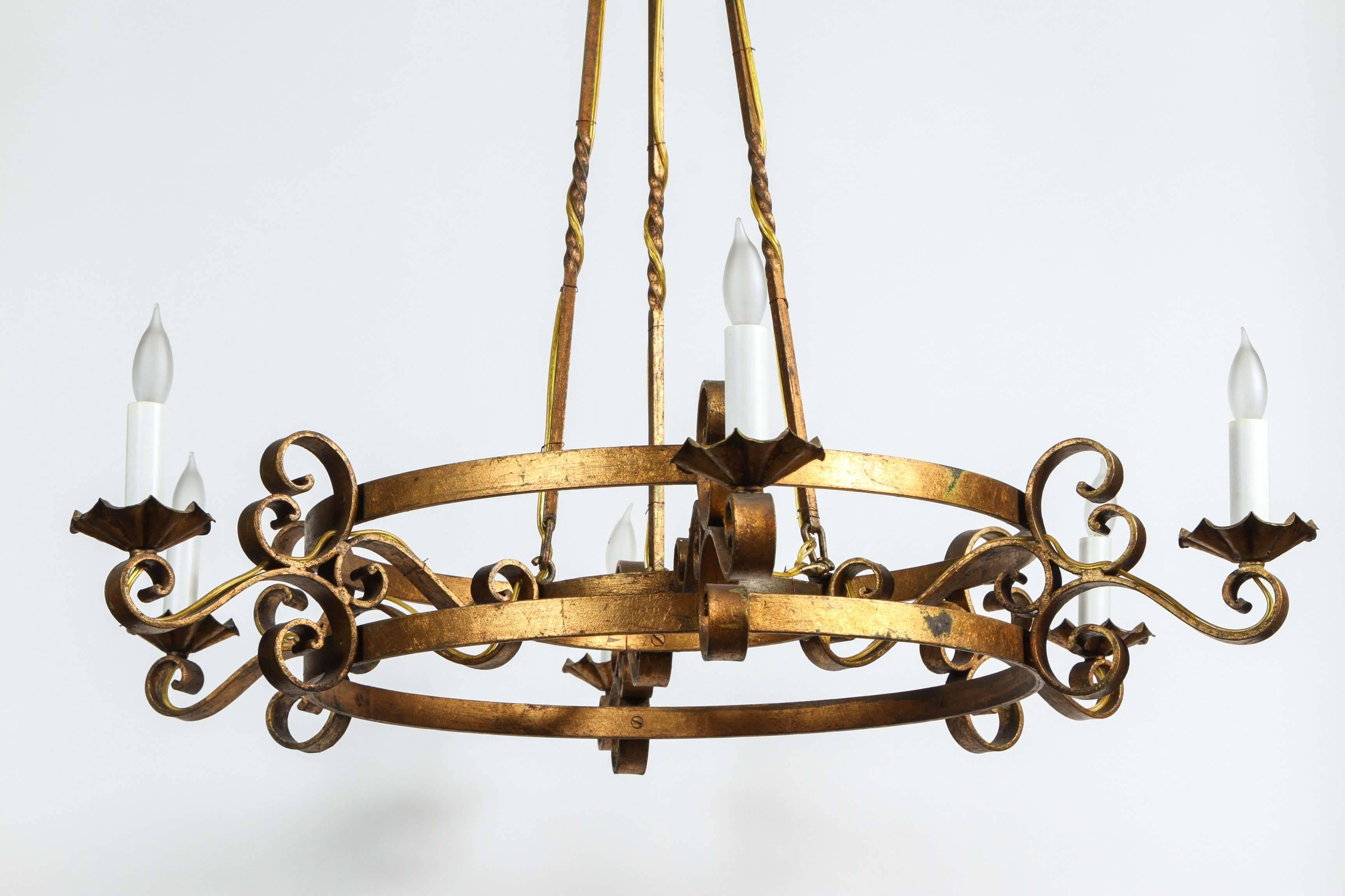 1970s Six-Light French Gold Finish Wrought Iron Chandelier 5