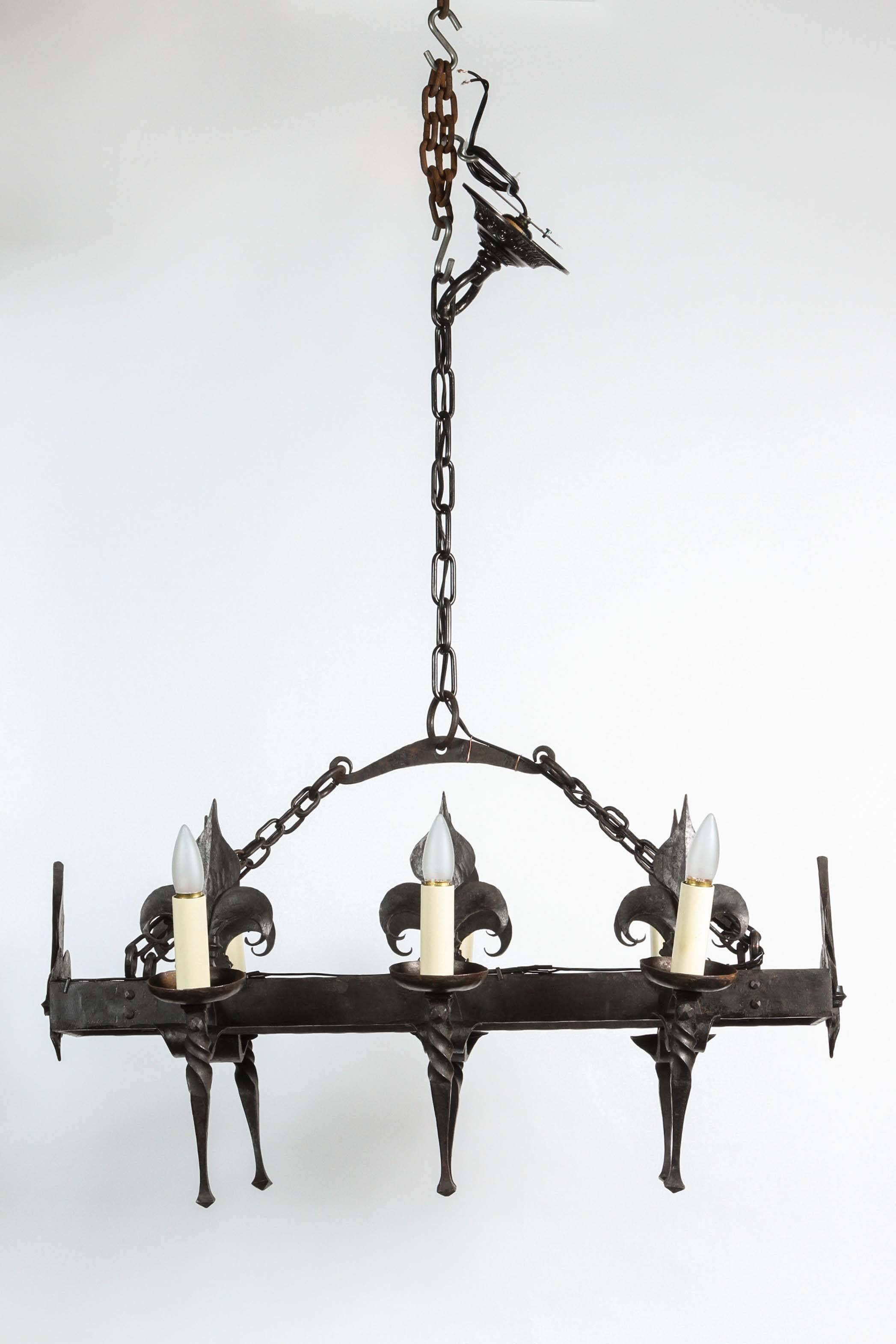 1940s French Wrought Iron Torch Style Chandelier In Excellent Condition In Los Angeles, CA