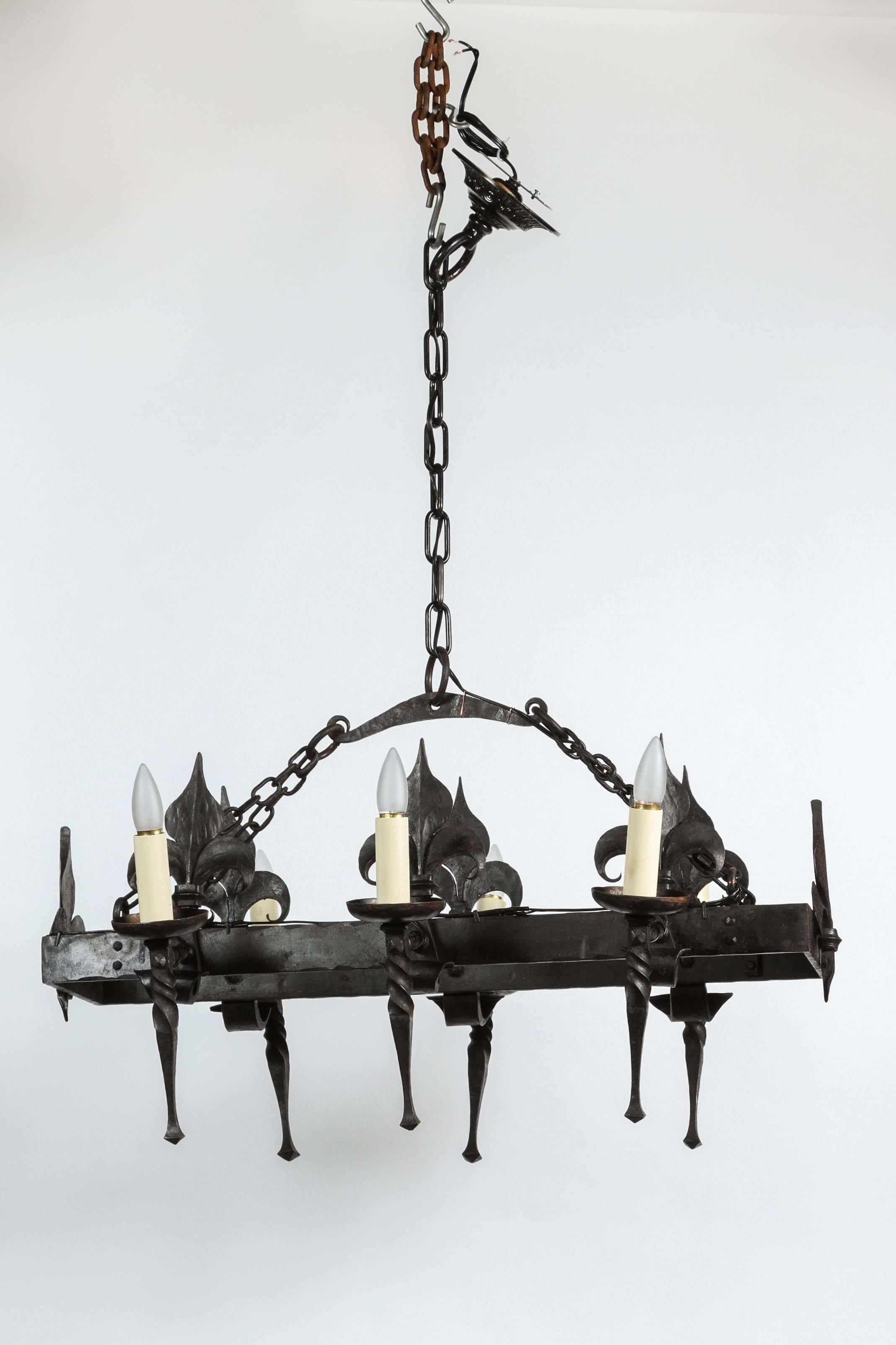 Mid-20th Century 1940s French Wrought Iron Torch Style Chandelier