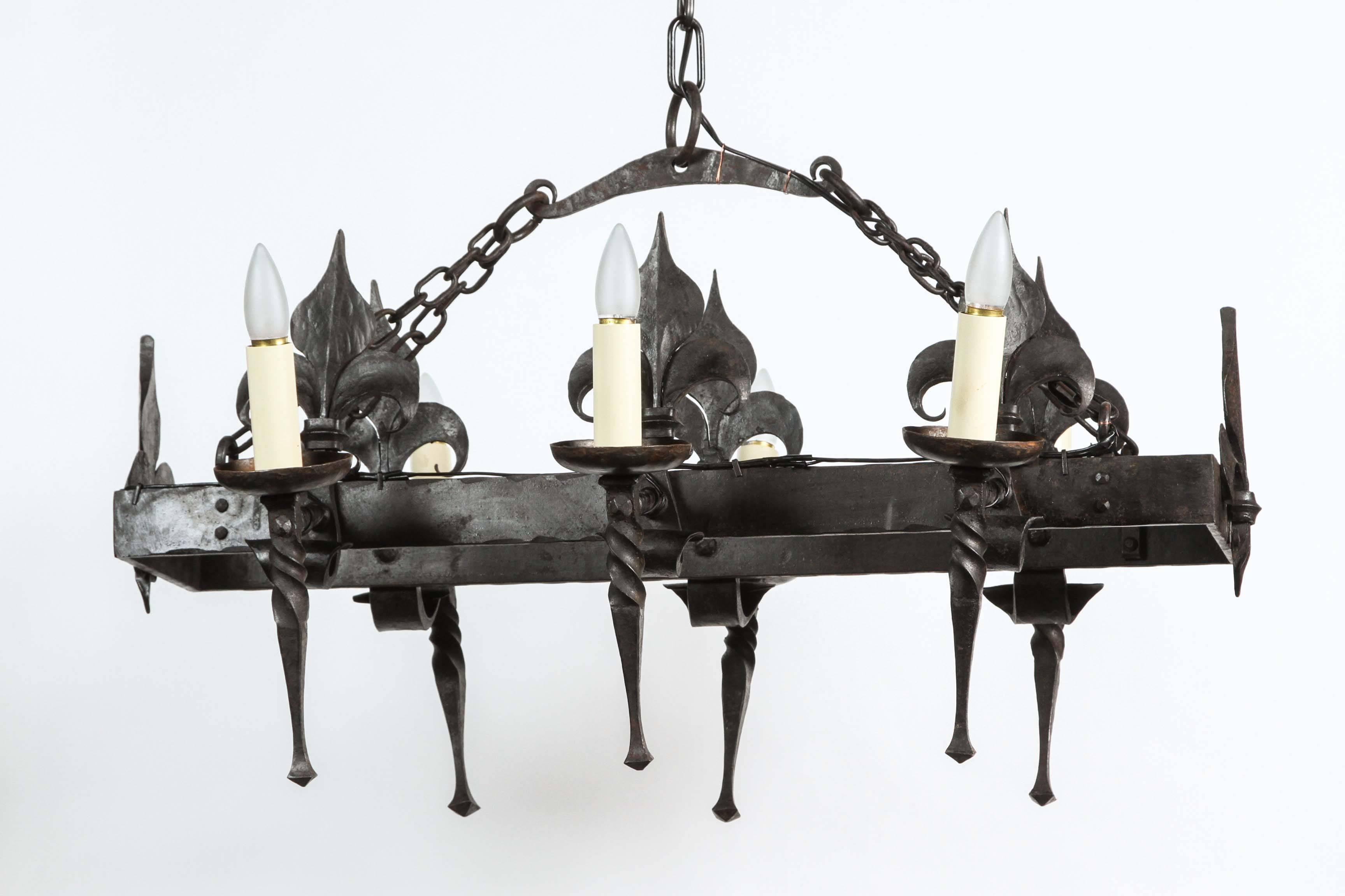 1940s French Wrought Iron Torch Style Chandelier 1