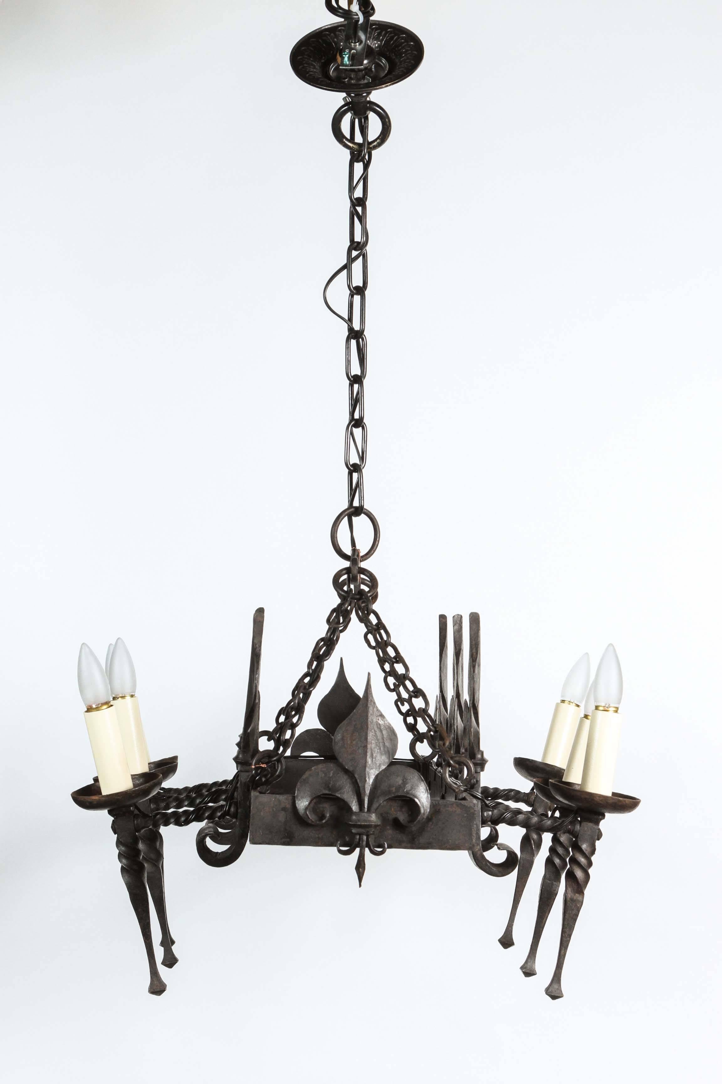1940s French Wrought Iron Torch Style Chandelier 2