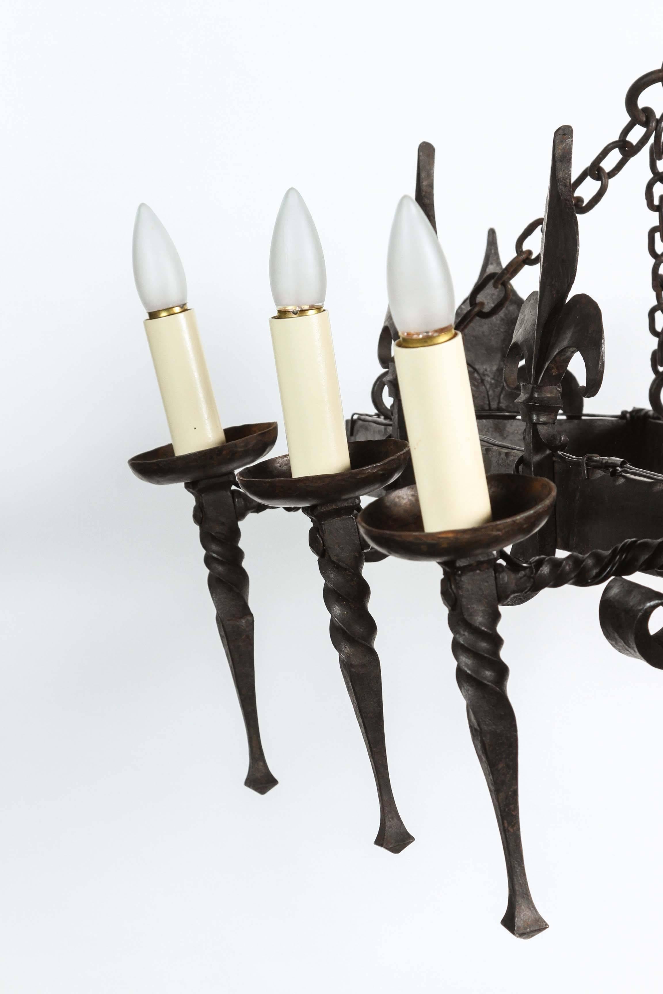 1940s French Wrought Iron Torch Style Chandelier 4