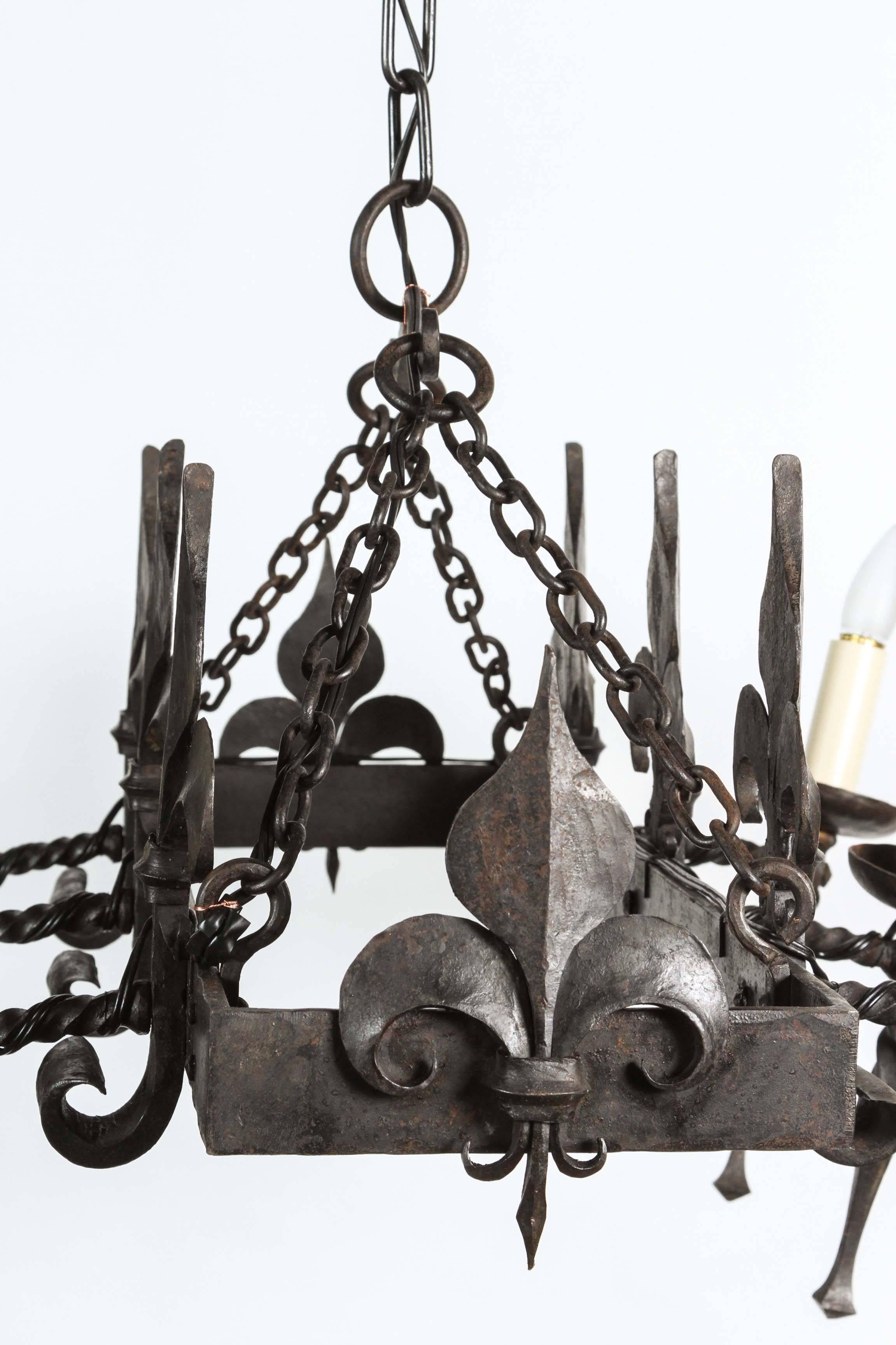 1940s French Wrought Iron Torch Style Chandelier 5