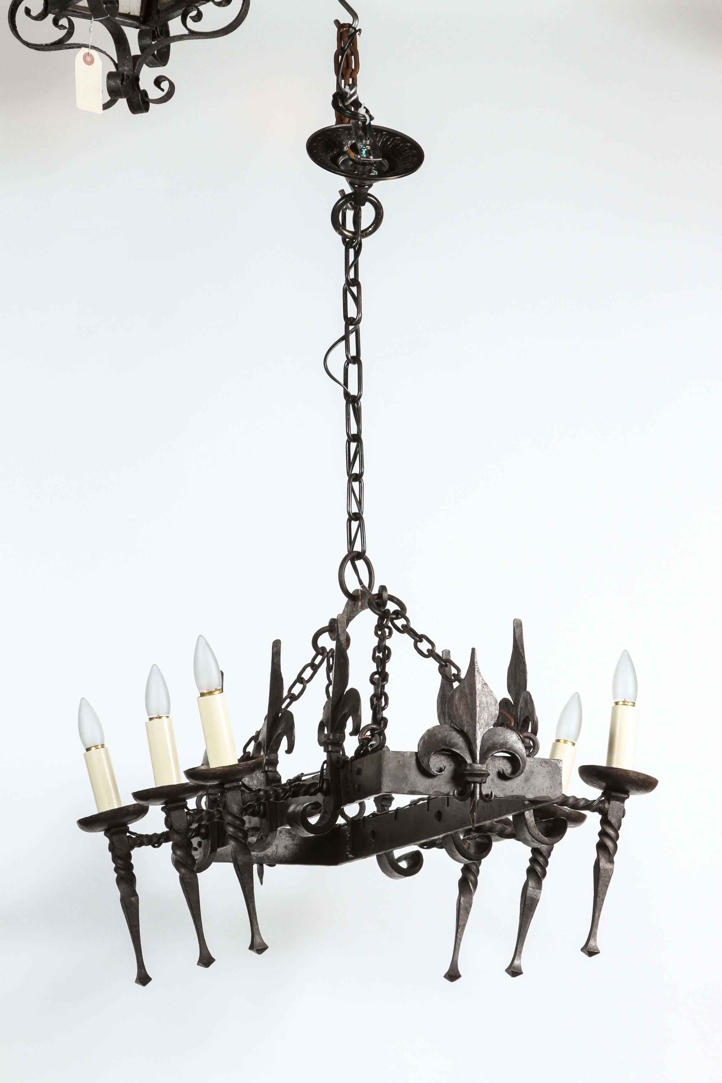 1940s French Wrought Iron Torch Style Chandelier 6