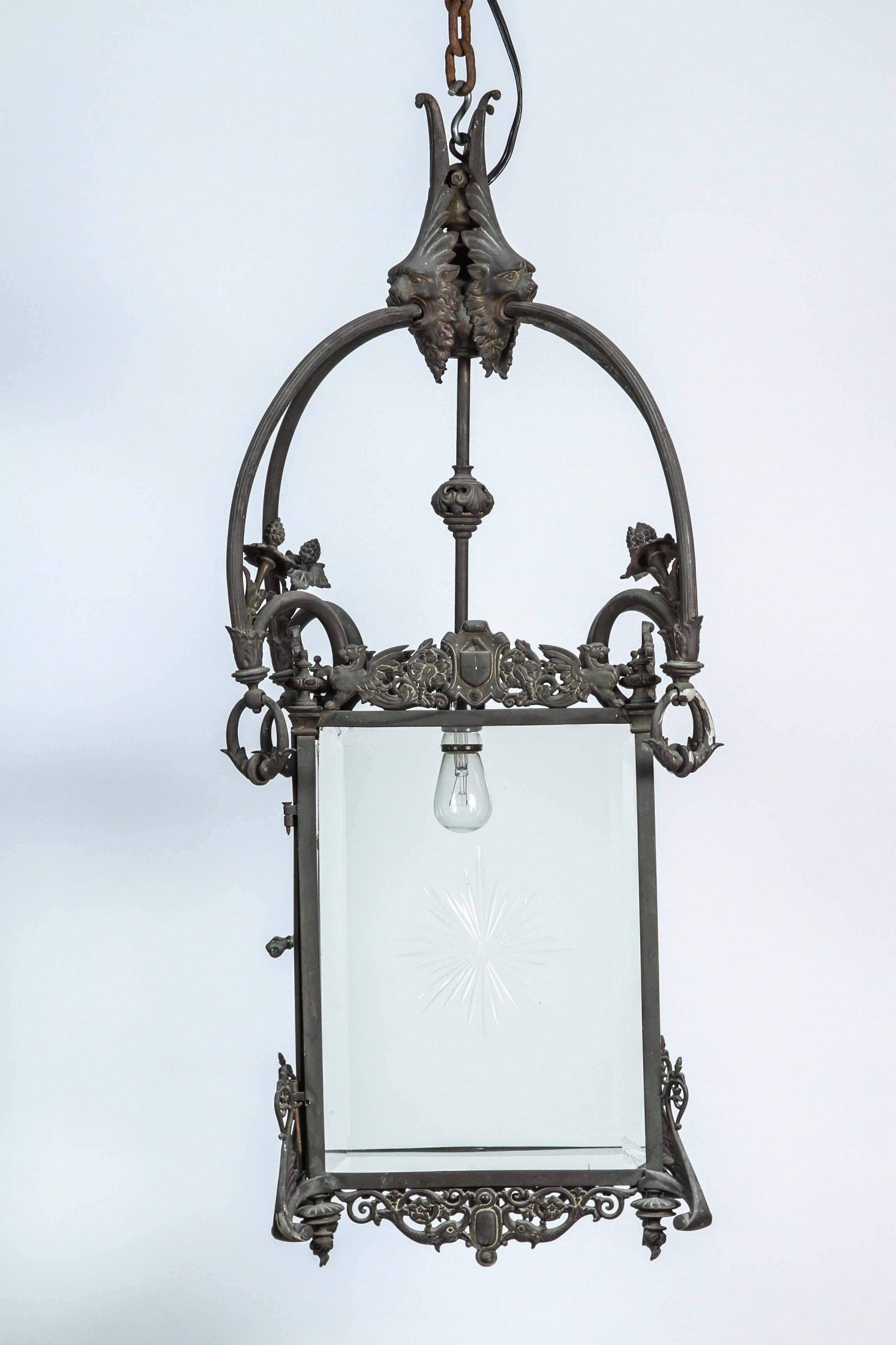 1930s square bronze lantern with etched glass. This can be seen at our 1800 South Grand Ave location in Downtown Los Angeles.