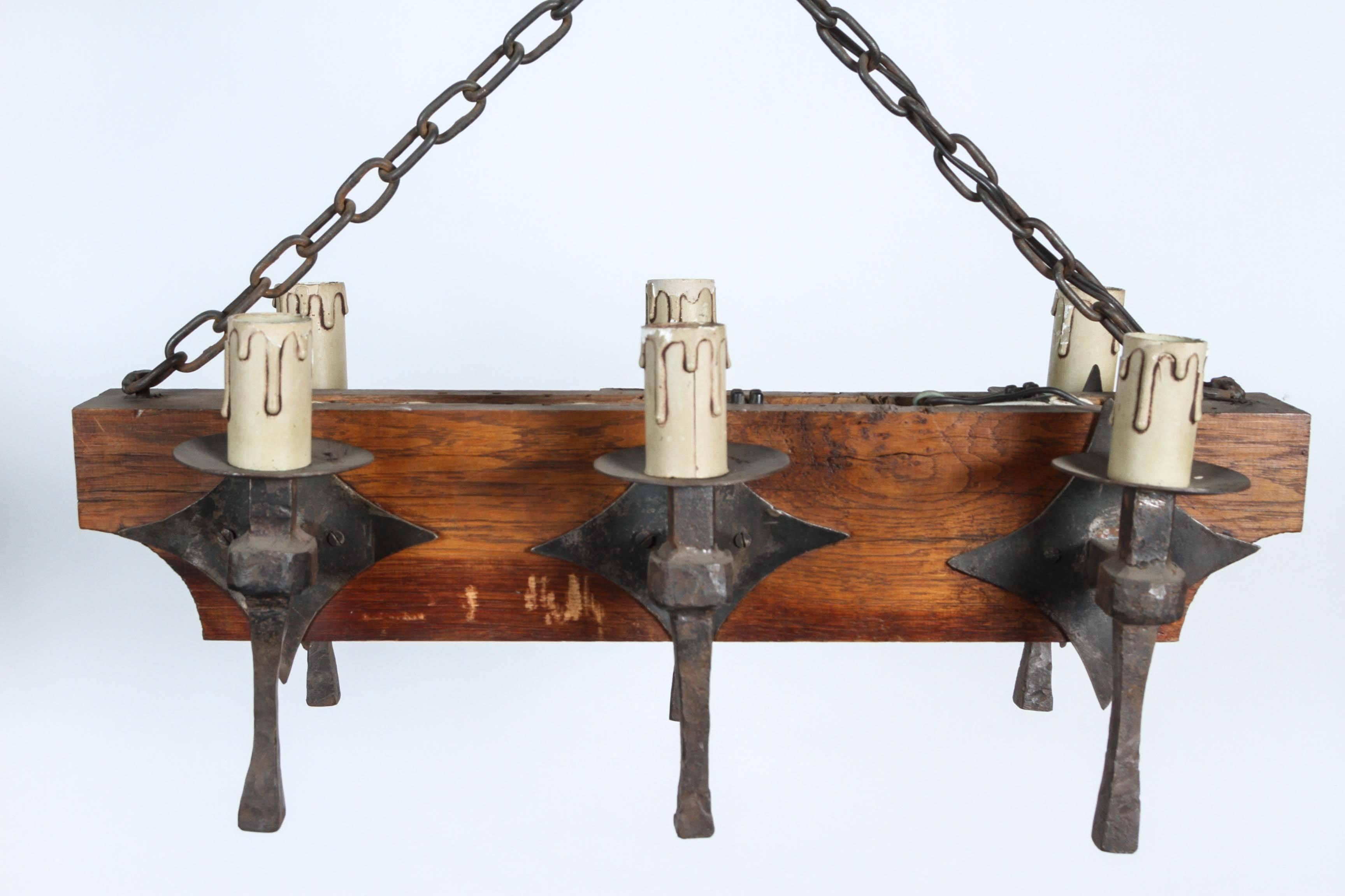 20th Century Six-Light Wrought Iron and Oak Chandelier