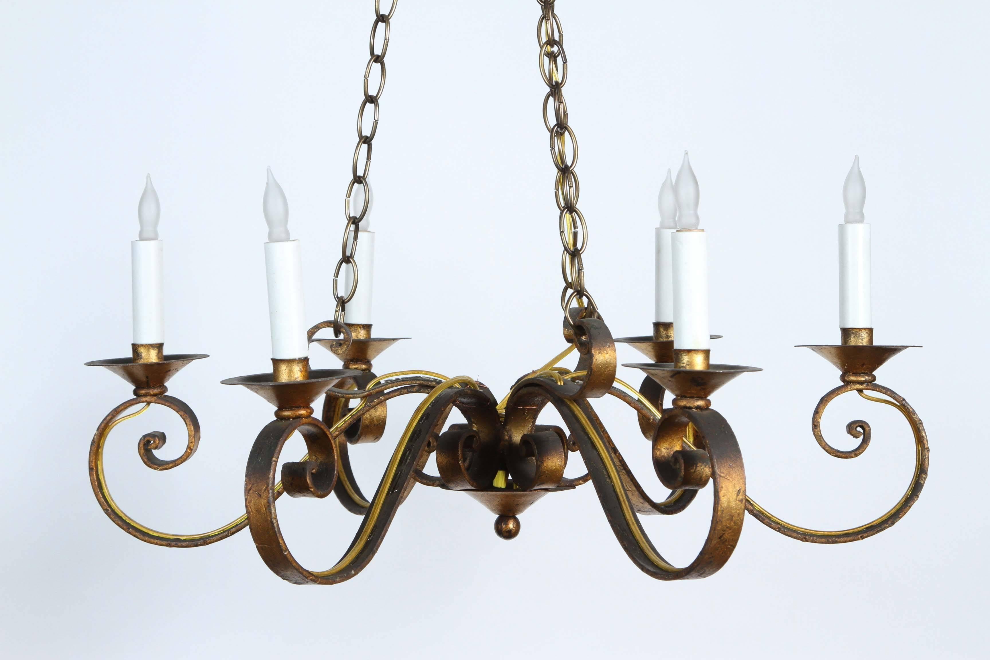 American 1970s Six-Arm Golden Wrought Iron Chandelier with Canopy and Chain