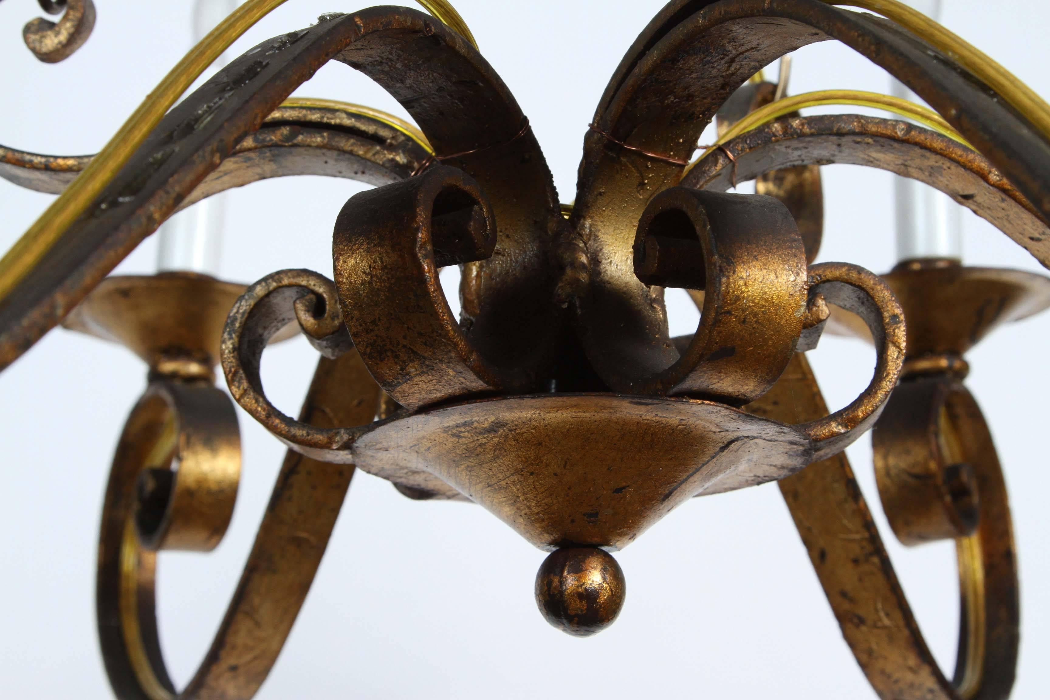 1970s Six-Arm Golden Wrought Iron Chandelier with Canopy and Chain 1