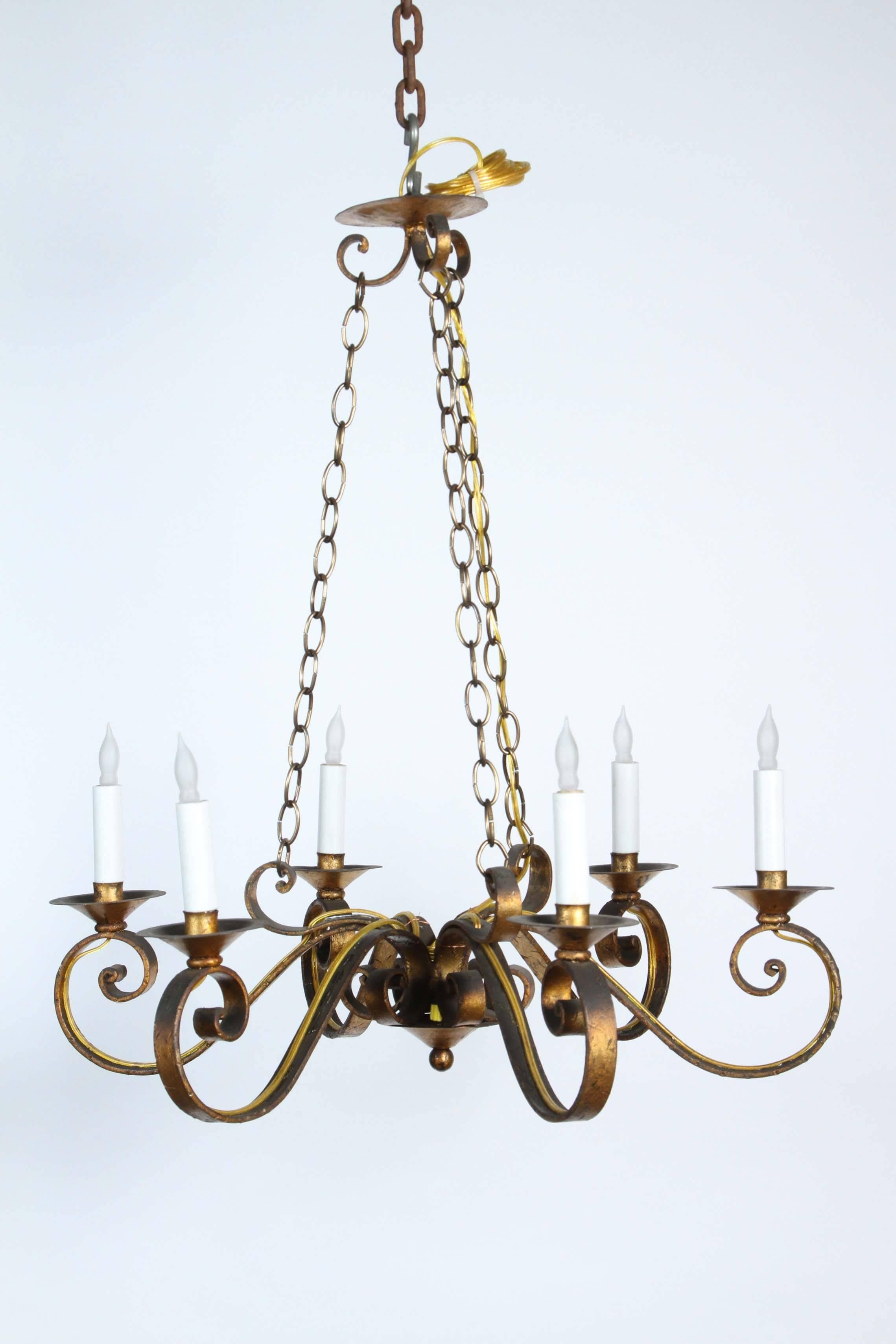 1970s Six-Arm Golden Wrought Iron Chandelier with Canopy and Chain 3