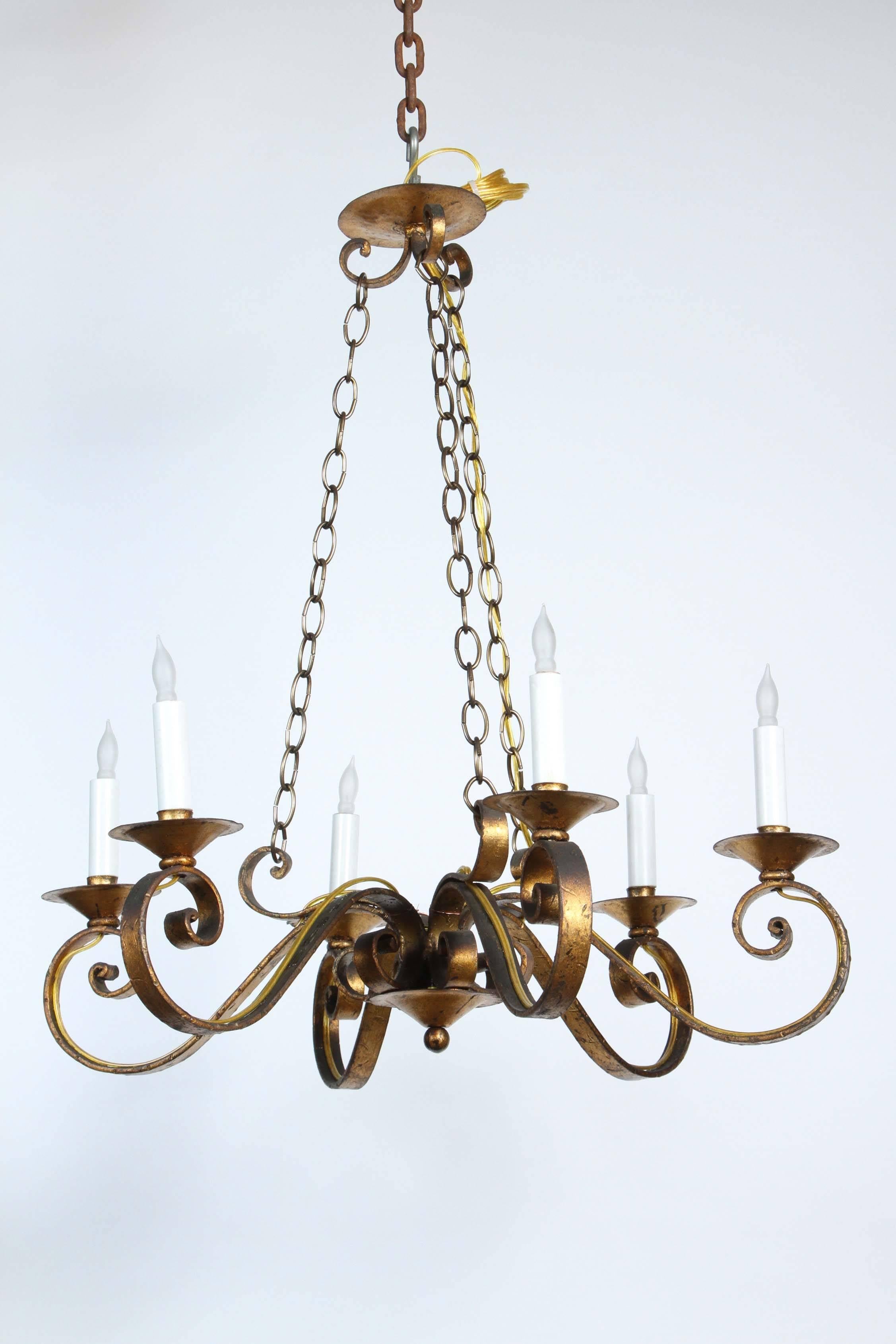 1970s Six-Arm Golden Wrought Iron Chandelier with Canopy and Chain 4