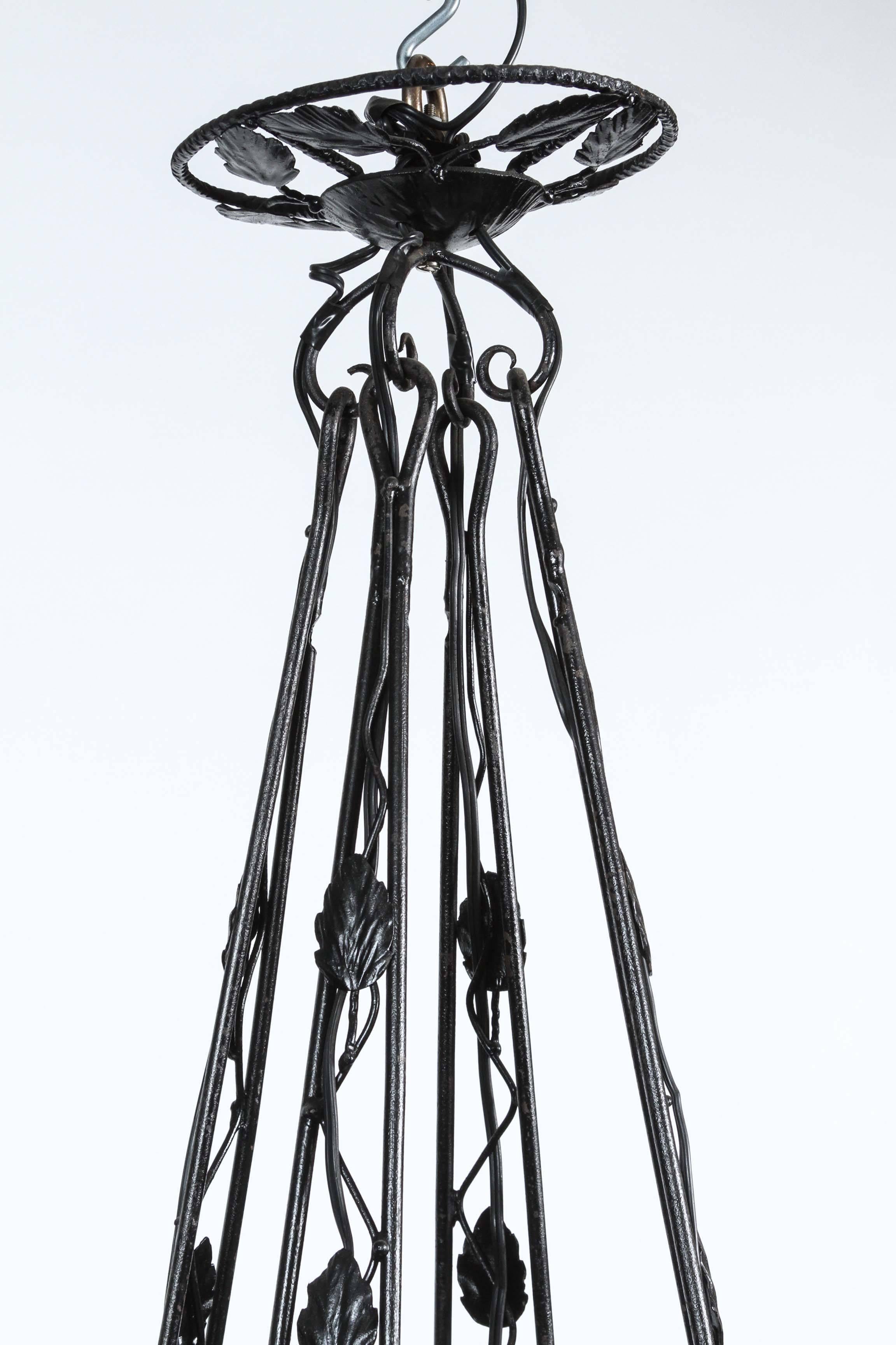 20th Century Wrought Iron Frosted Glass 4 Light Floral Chandelier For Sale