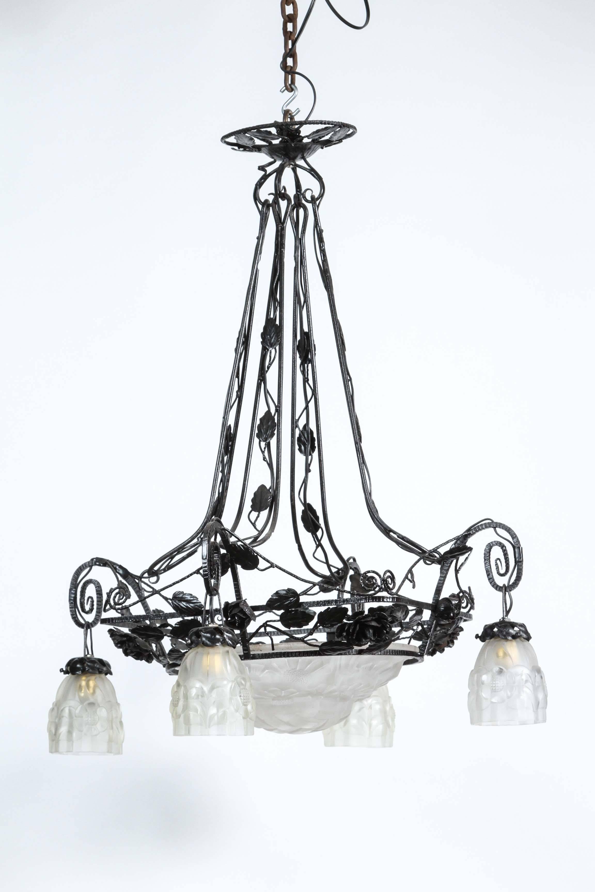Wrought Iron Frosted Glass 4 Light Floral Chandelier For Sale 1