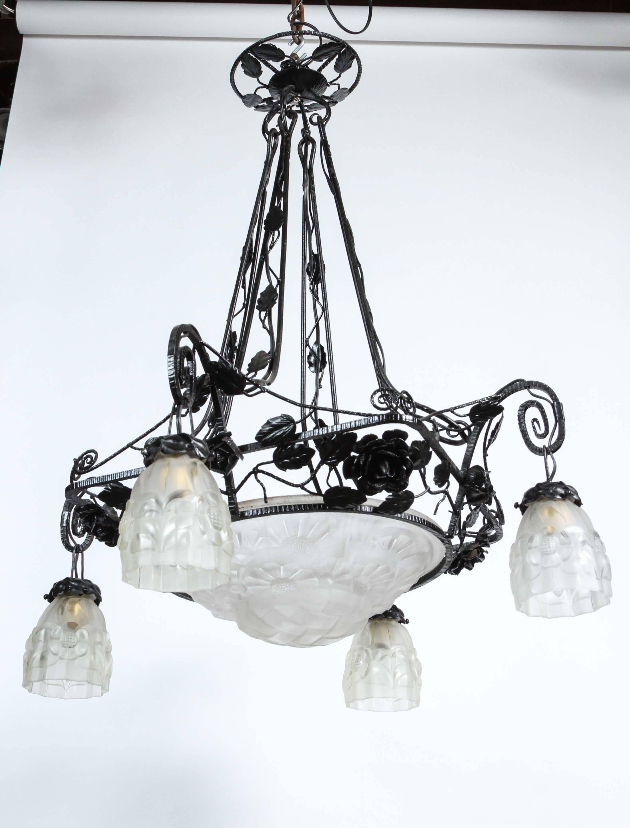 Wrought Iron Frosted Glass 4 Light Floral Chandelier For Sale 4