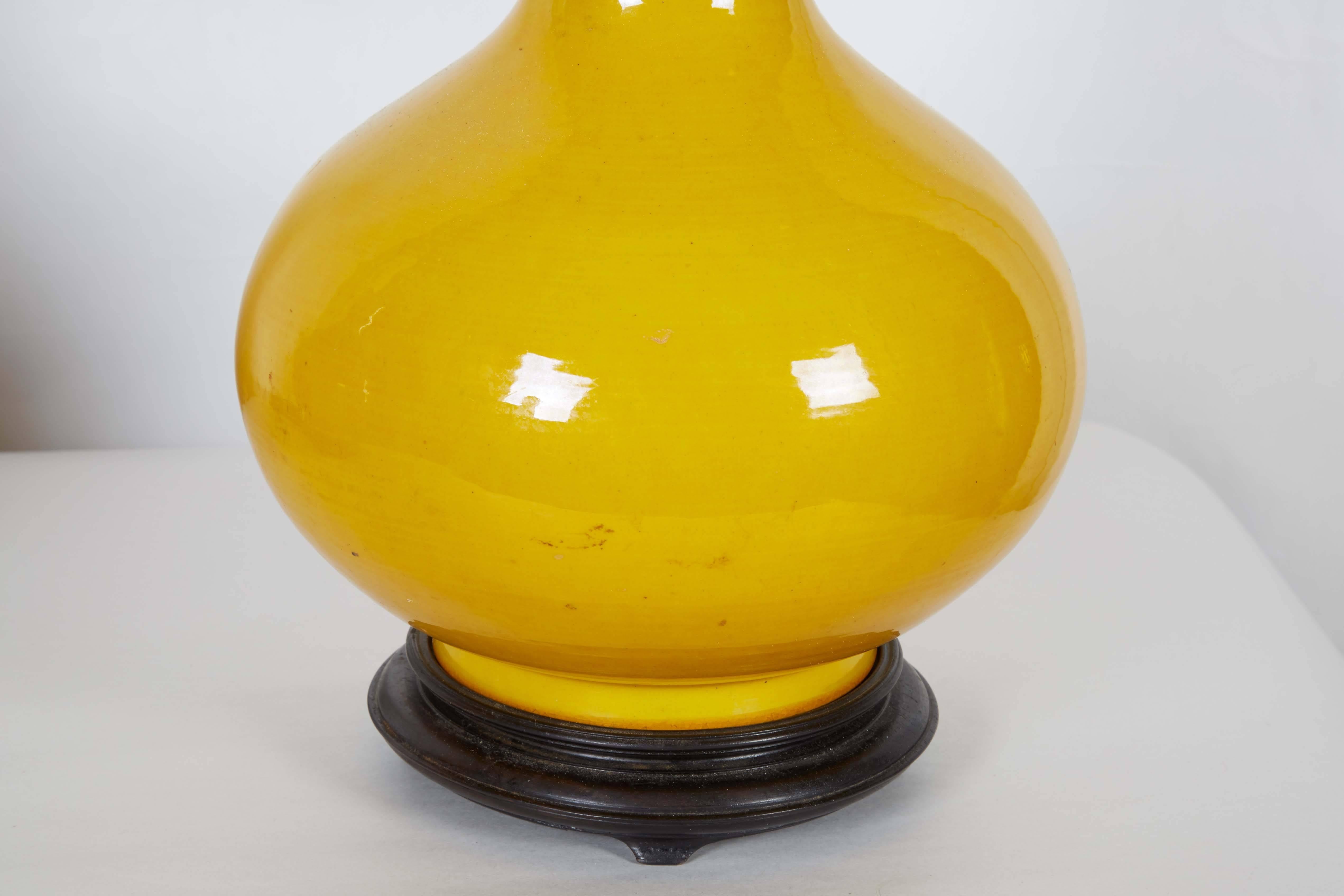 Mid-Century Modern Pair of Chinese Yellow Glazed Vases Fitted as Lamps