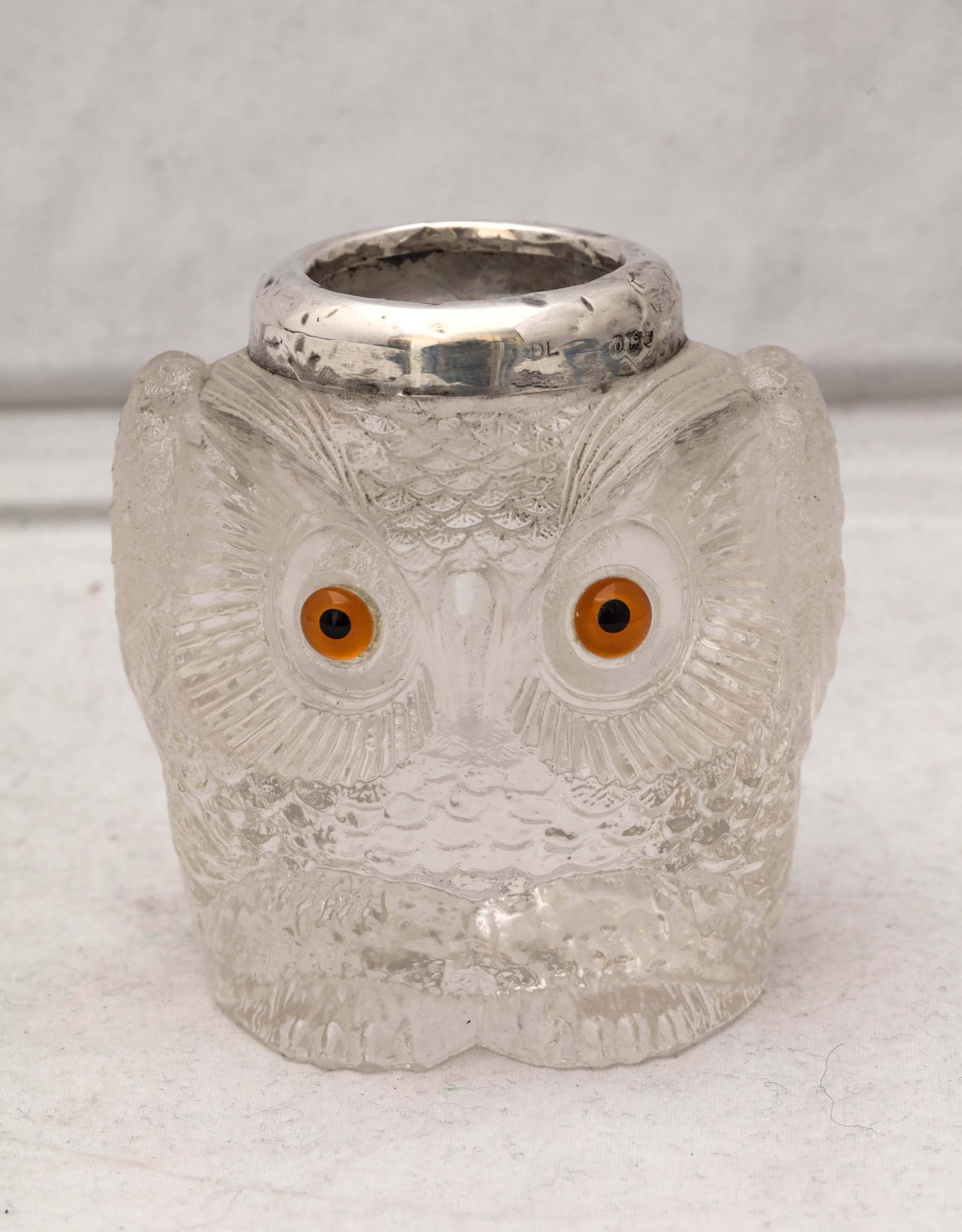 Rare and unusual, Edwardian, sterling silver-mounted owl-form crystal match striker (with glass eyes), London, 1909, David Loebl - maker. Measures: 3