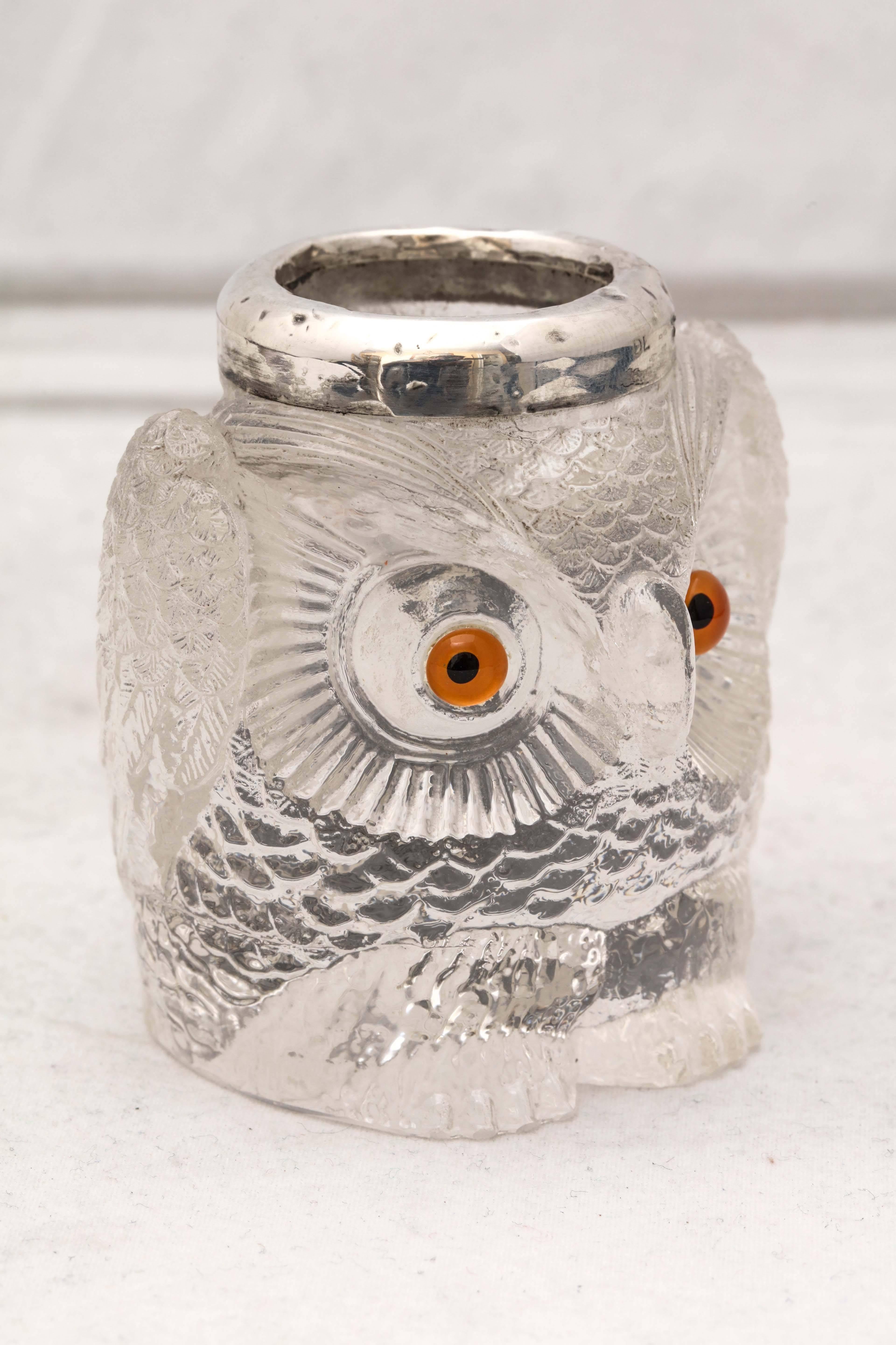 Rare and Unusual Edwardian Sterling Silver Mounted Owl-Form Match Striker In Excellent Condition In New York, NY