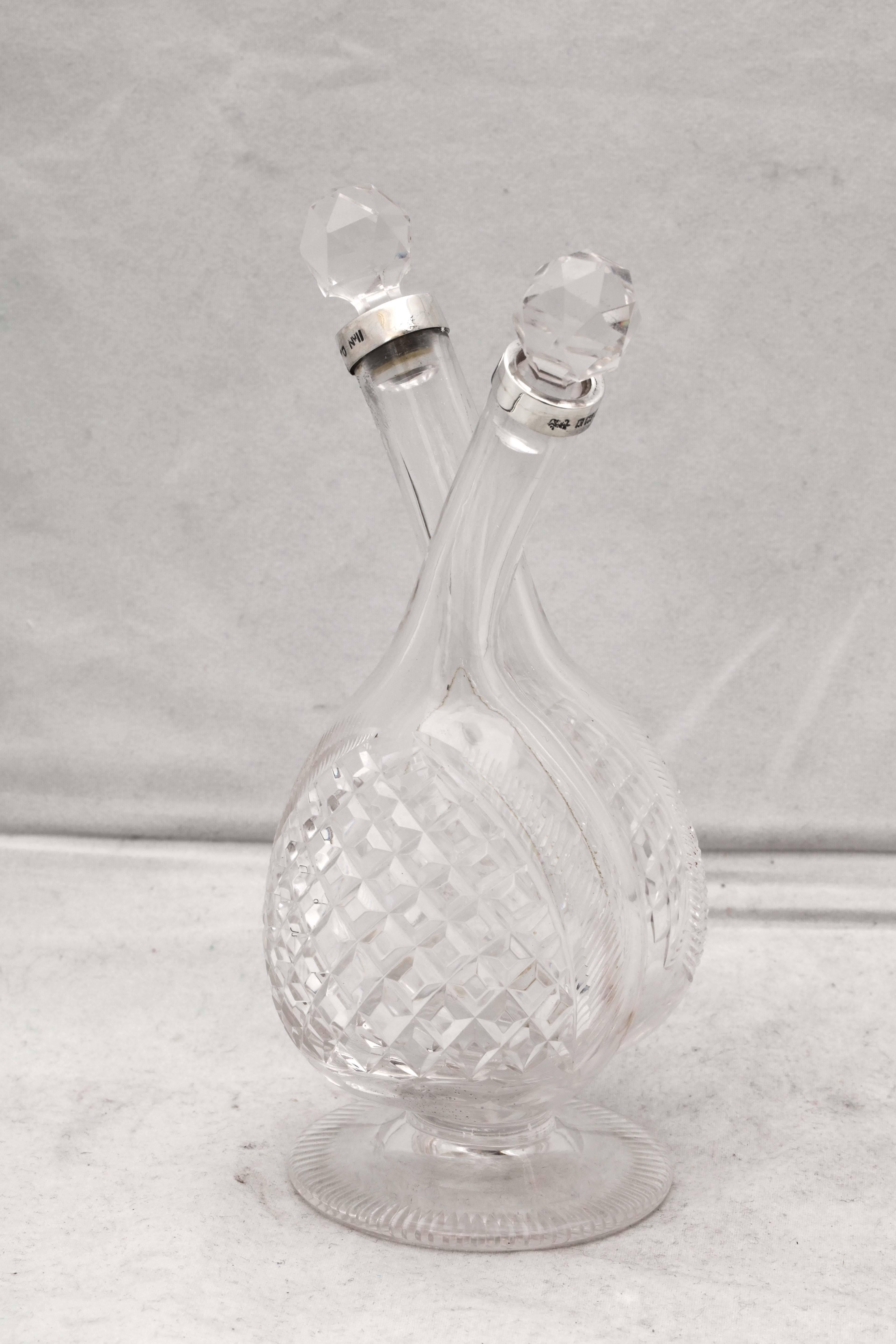 Edwardian Sterling Silver-Mounted Cut Crystal Double Liqueur/Cruet Bottle 2