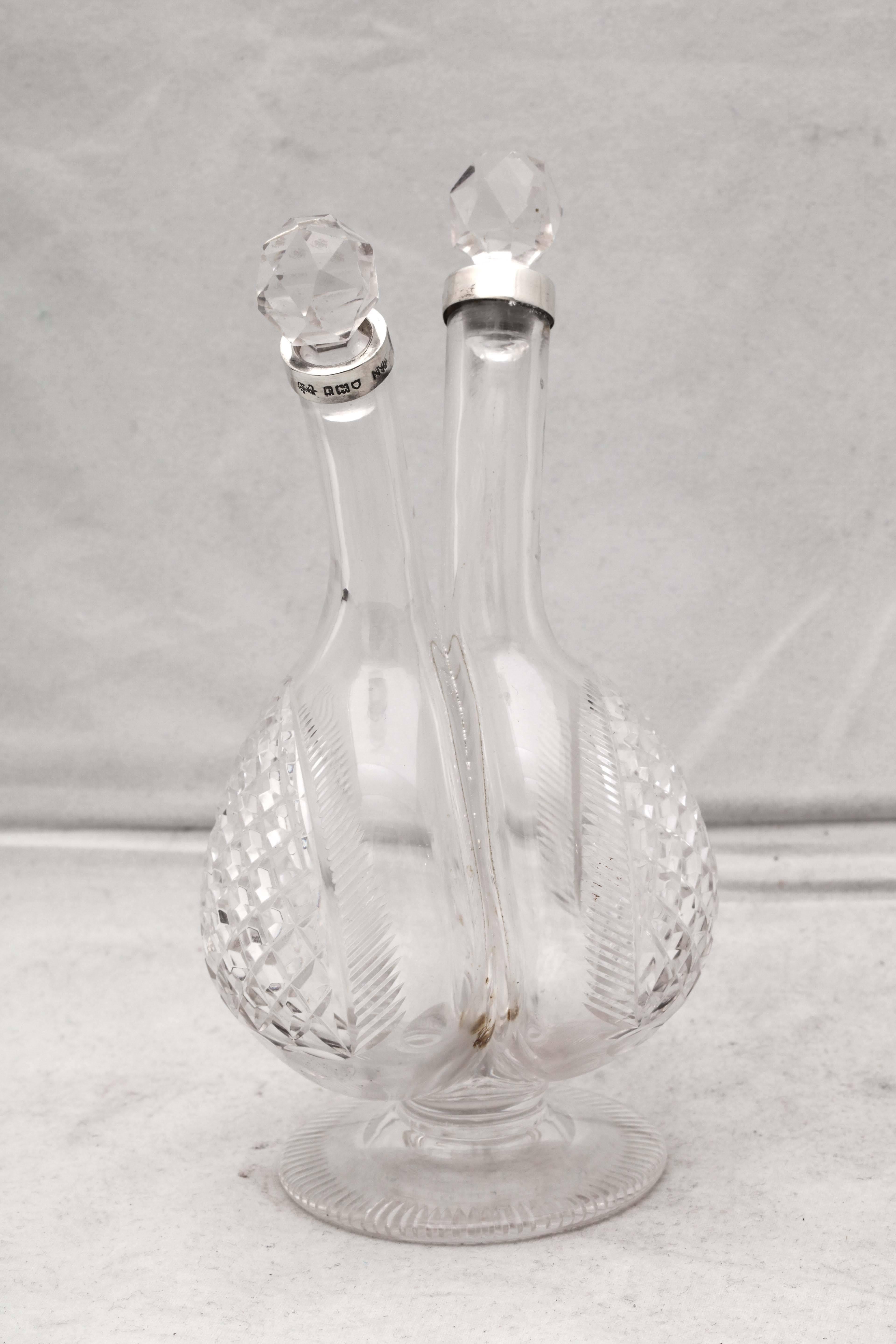  Edwardian Sterling Silver-Mounted Cut Crystal Double Liqueur/Cruet Bottle 3