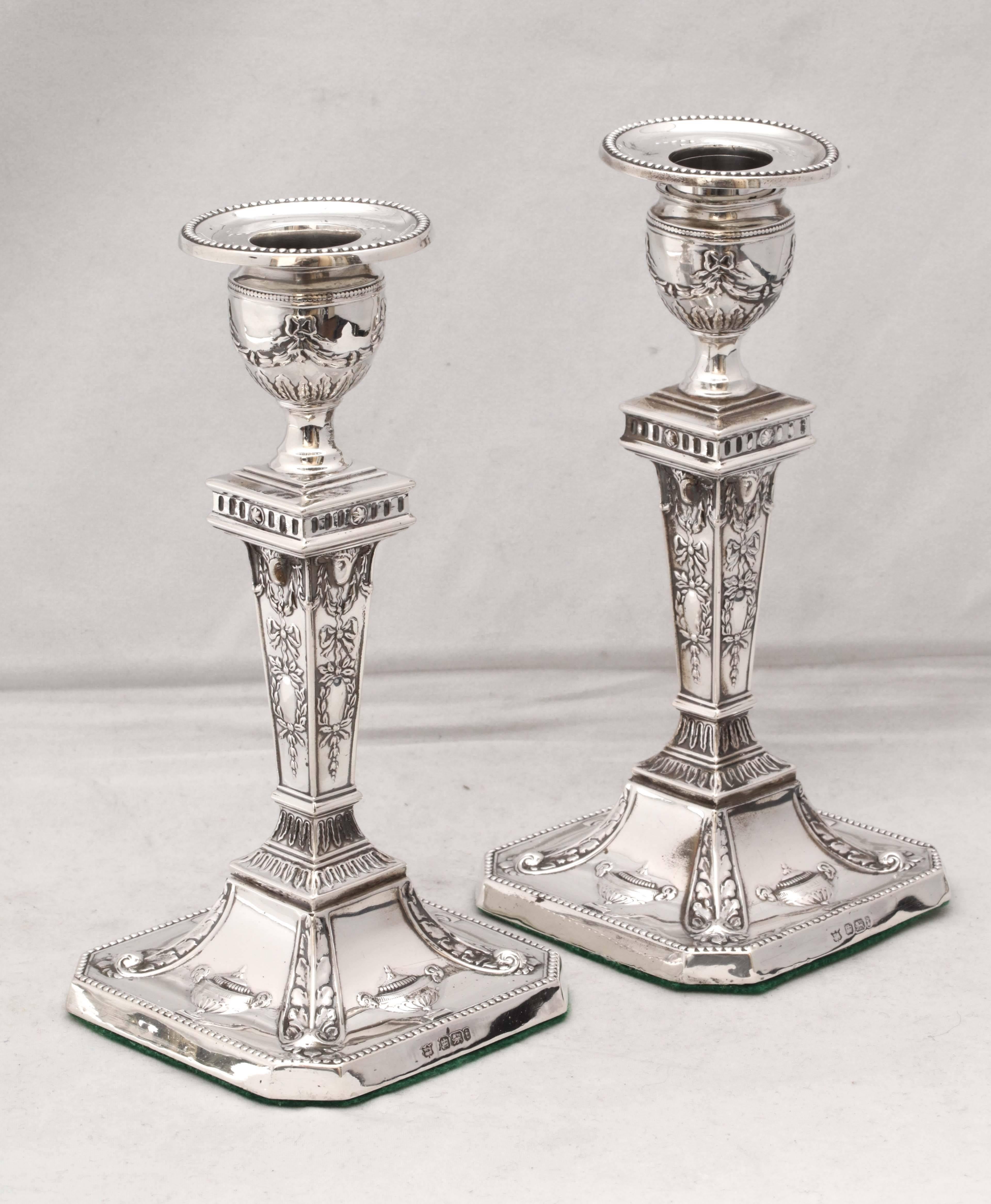 Adam Style Pair of Edwardian Sterling Silver Adams Style Candlesticks