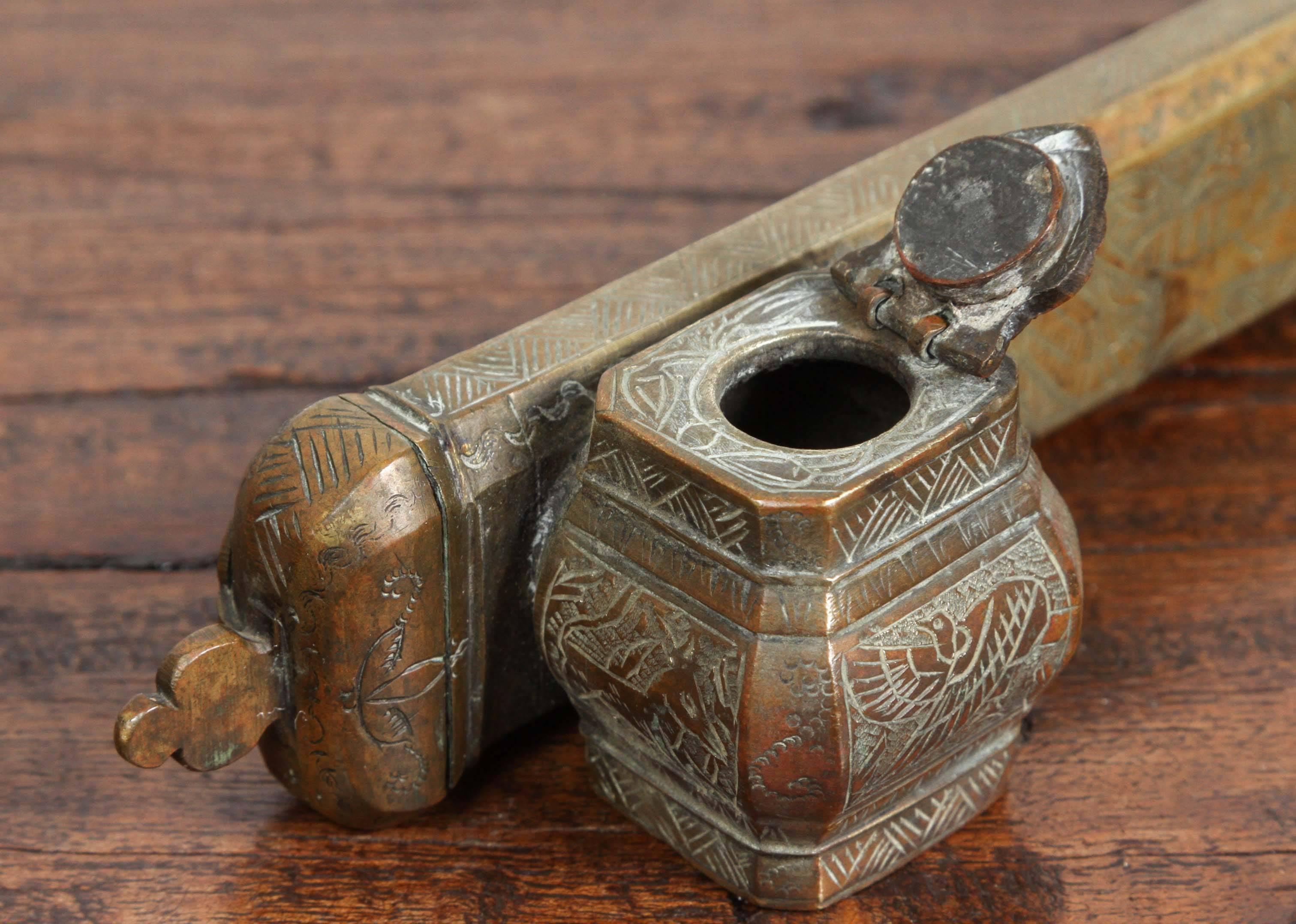 Hand-Carved Egyptian Brass Inkwell Qalamdan