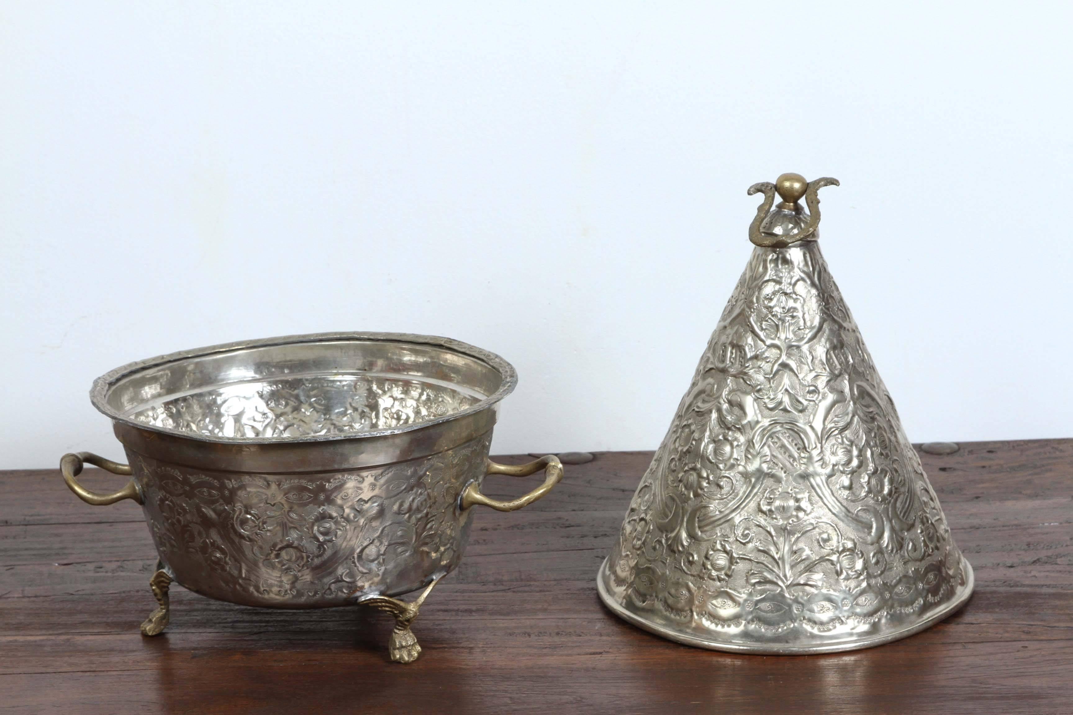 Moorish Set of Three Moroccan Silver Dishes Tajines with Cover
