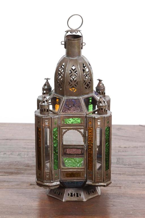 Moroccan Metal Lantern with Colored and Clear Glass For Sale at 1stDibs