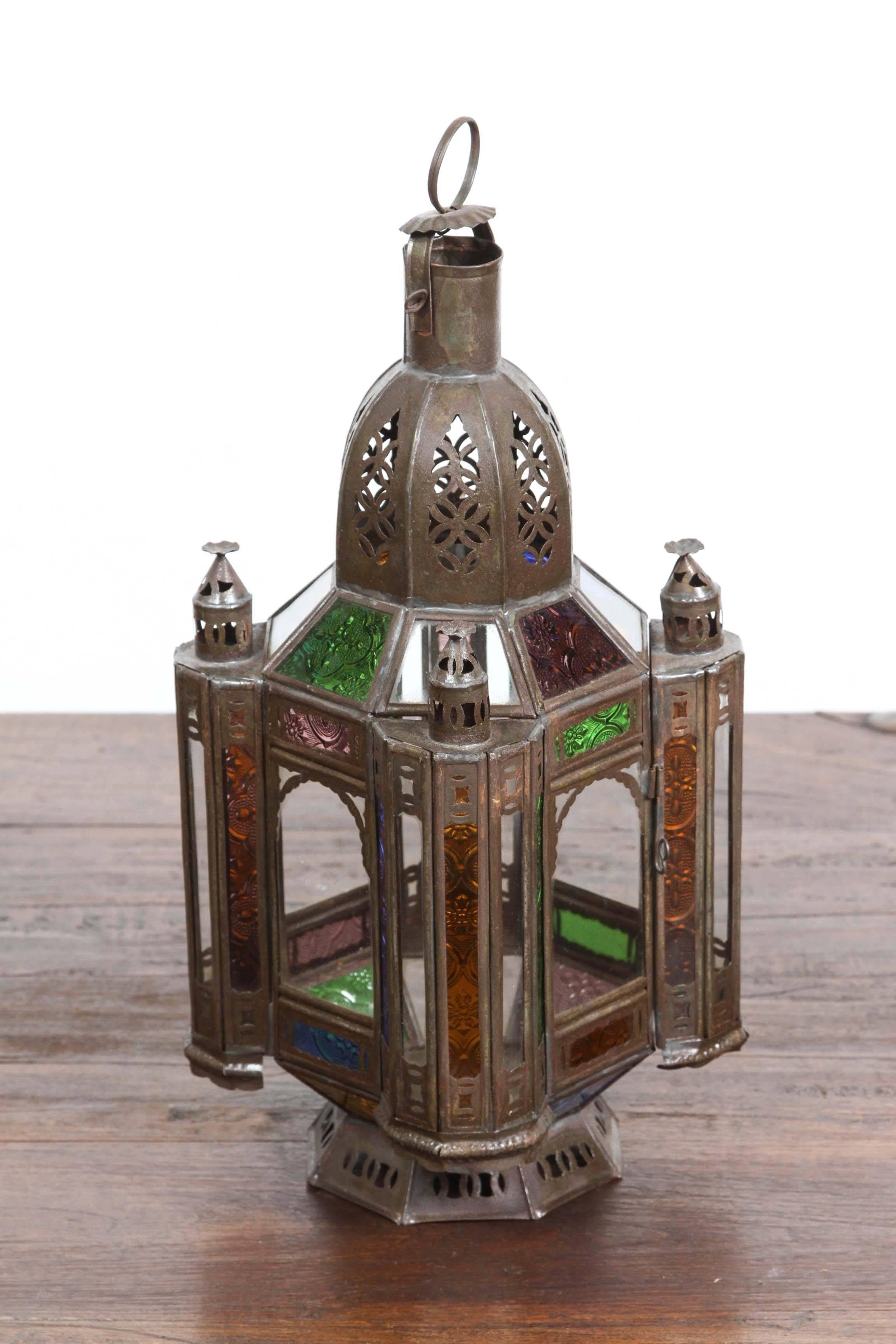 Moorish Moroccan Metal Lantern with Colored and Clear Glass