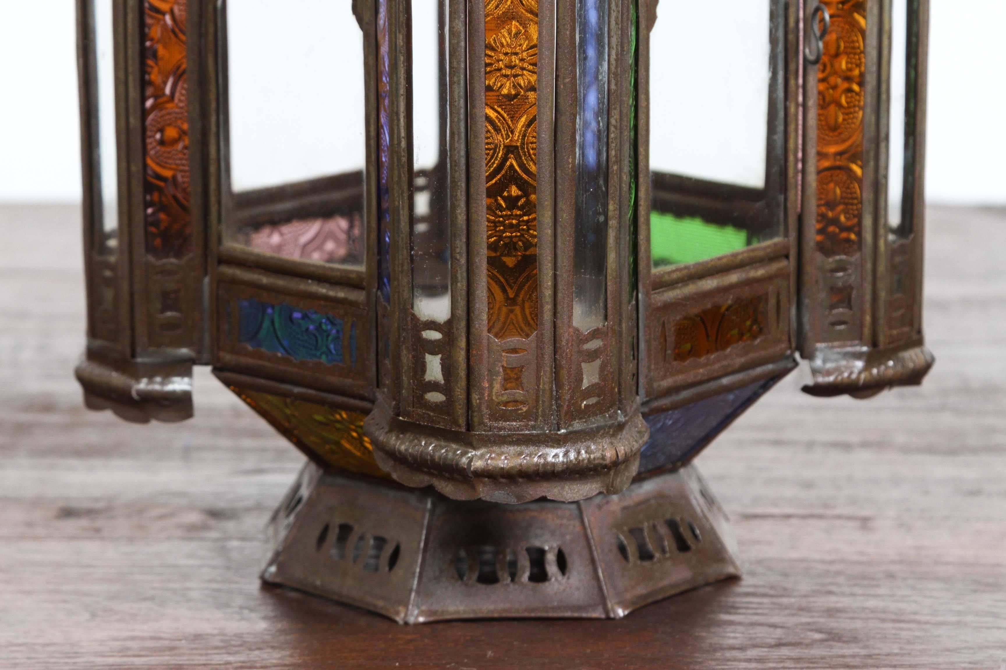 Hand-Carved Moroccan Metal Lantern with Colored and Clear Glass