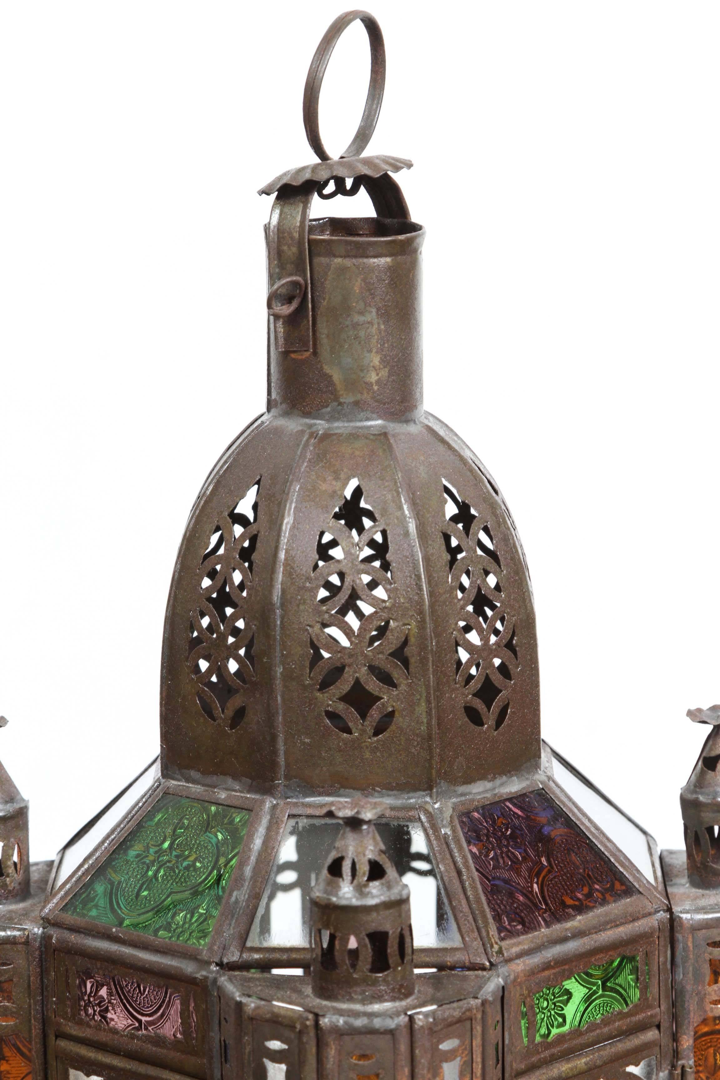 Moroccan Metal Lantern with Colored and Clear Glass In Good Condition In North Hollywood, CA