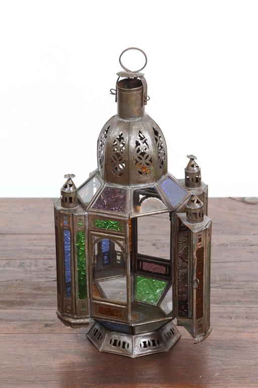 Moroccan Metal Lantern with Colored and Clear Glass For Sale at 1stDibs