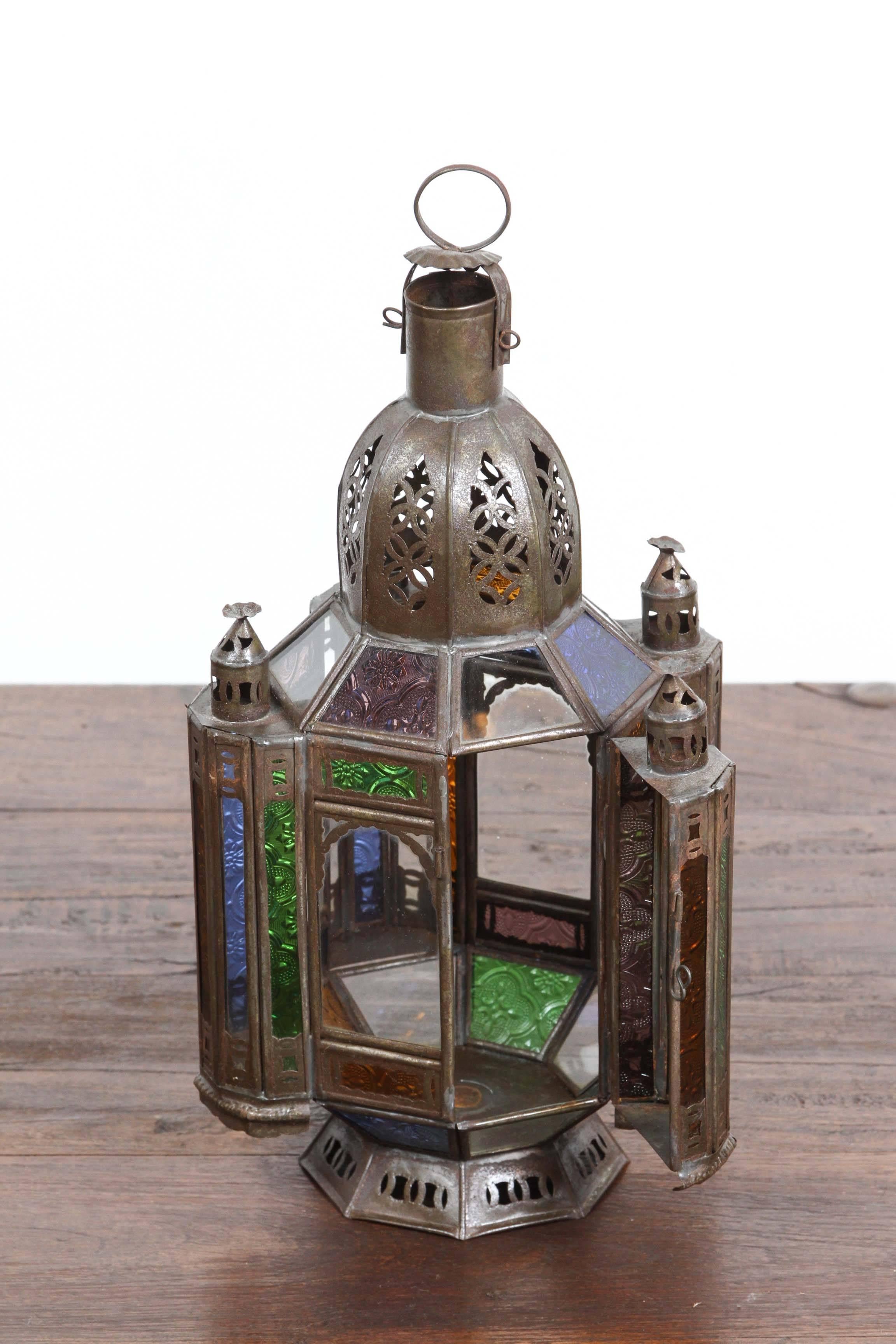 20th Century Moroccan Metal Lantern with Colored and Clear Glass