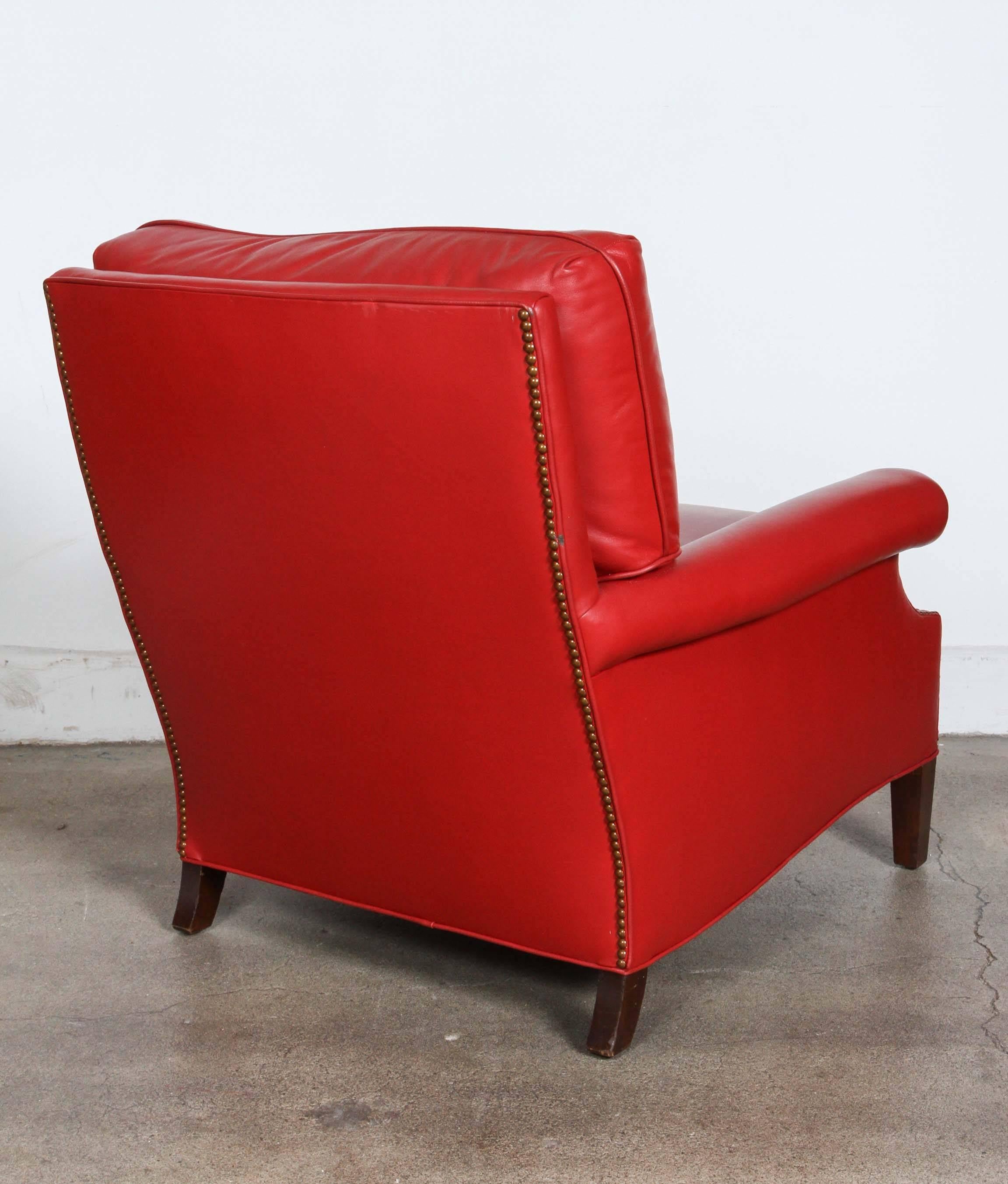 Modern Pair of Red French Club Leather Lounge Armchairs