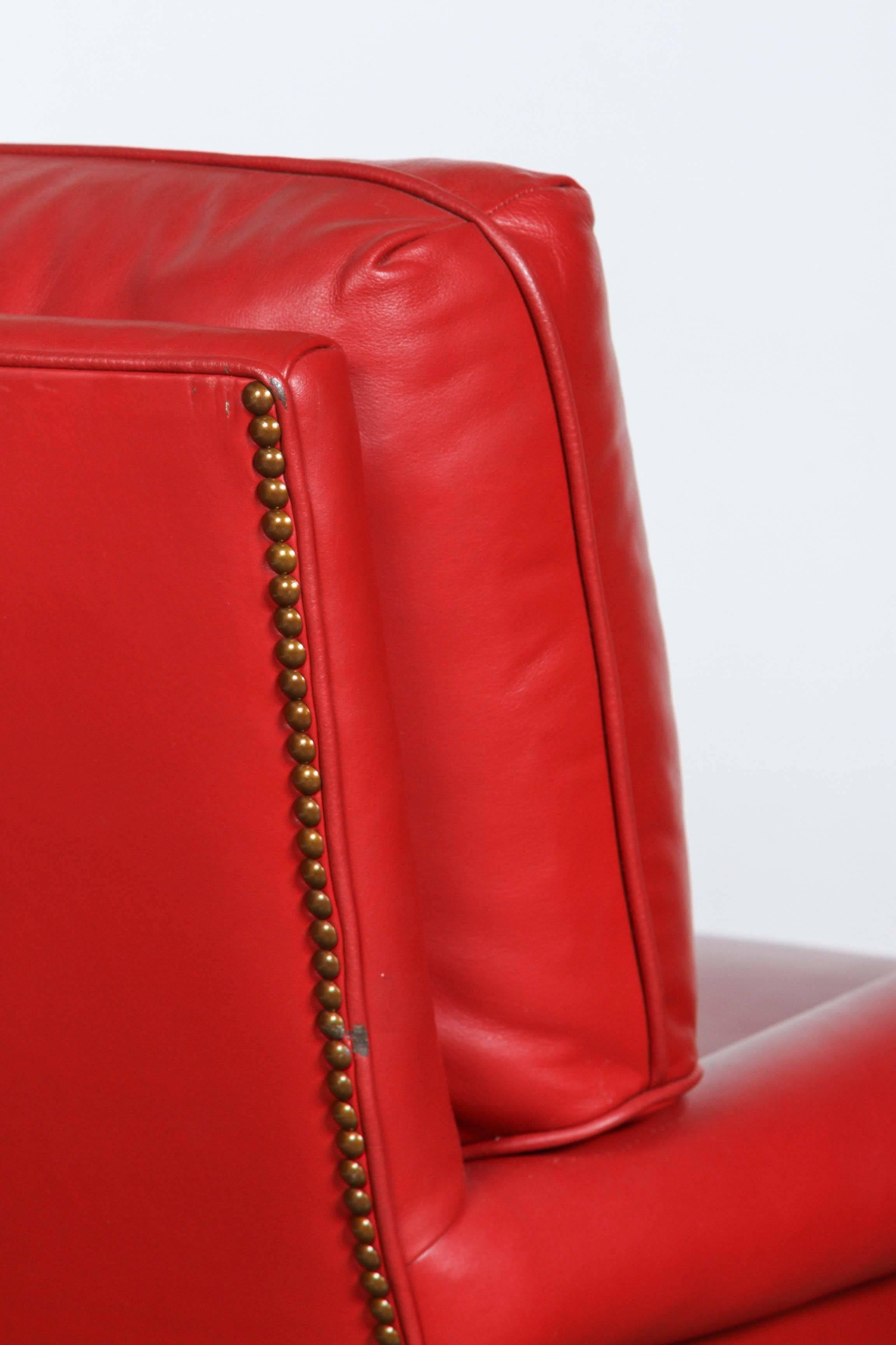 Hand-Crafted Pair of Red French Club Leather Lounge Armchairs
