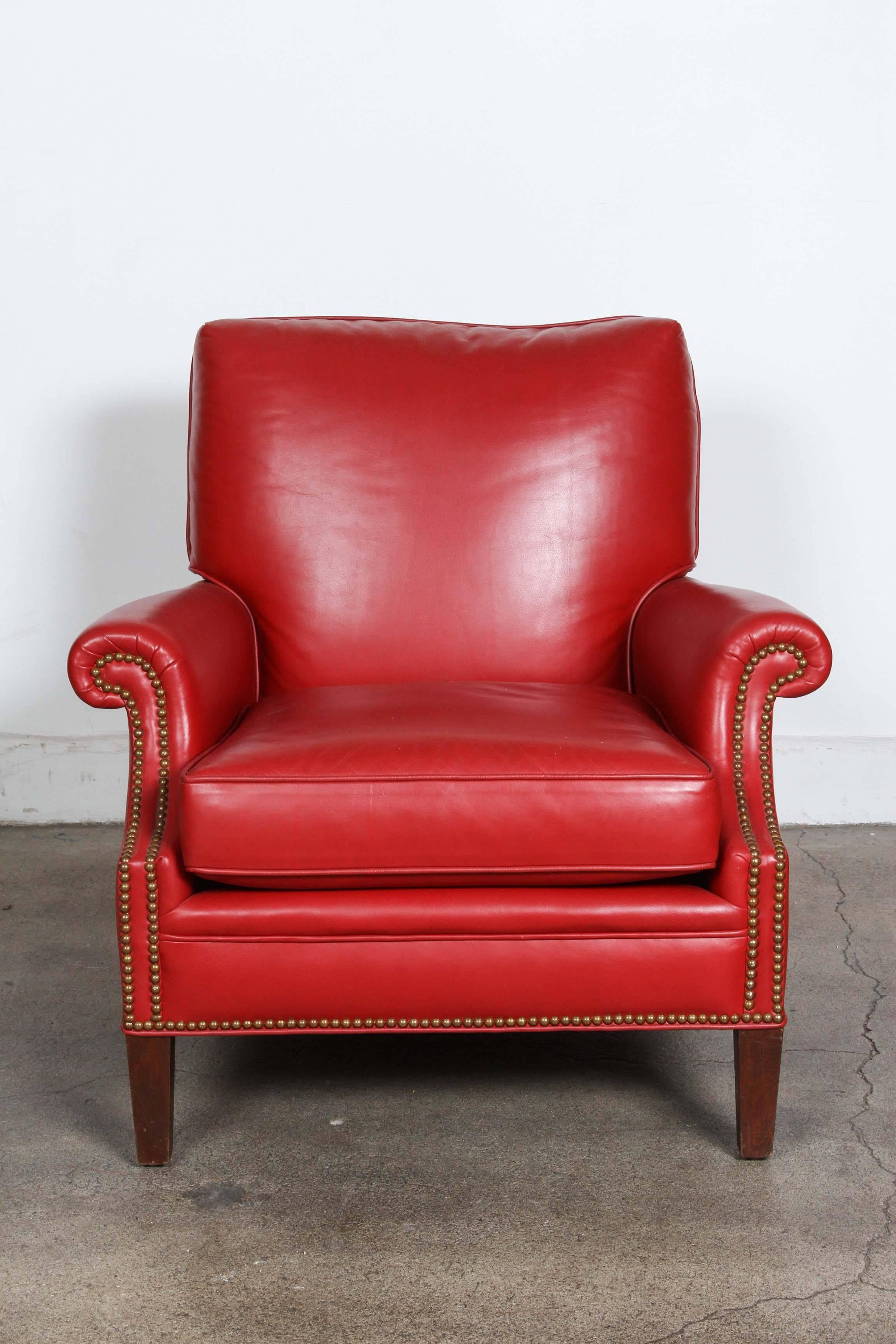 20th Century Pair of Red French Club Leather Lounge Armchairs
